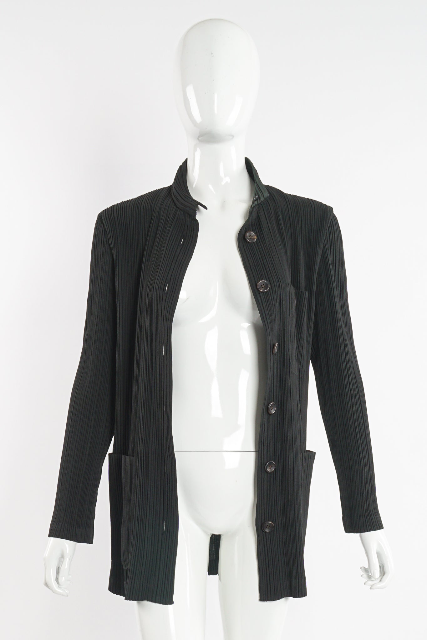 Vintage Issey Miyake Unisex Pleated Shirt Jacket on Mannequin open at Recess Los Angeles