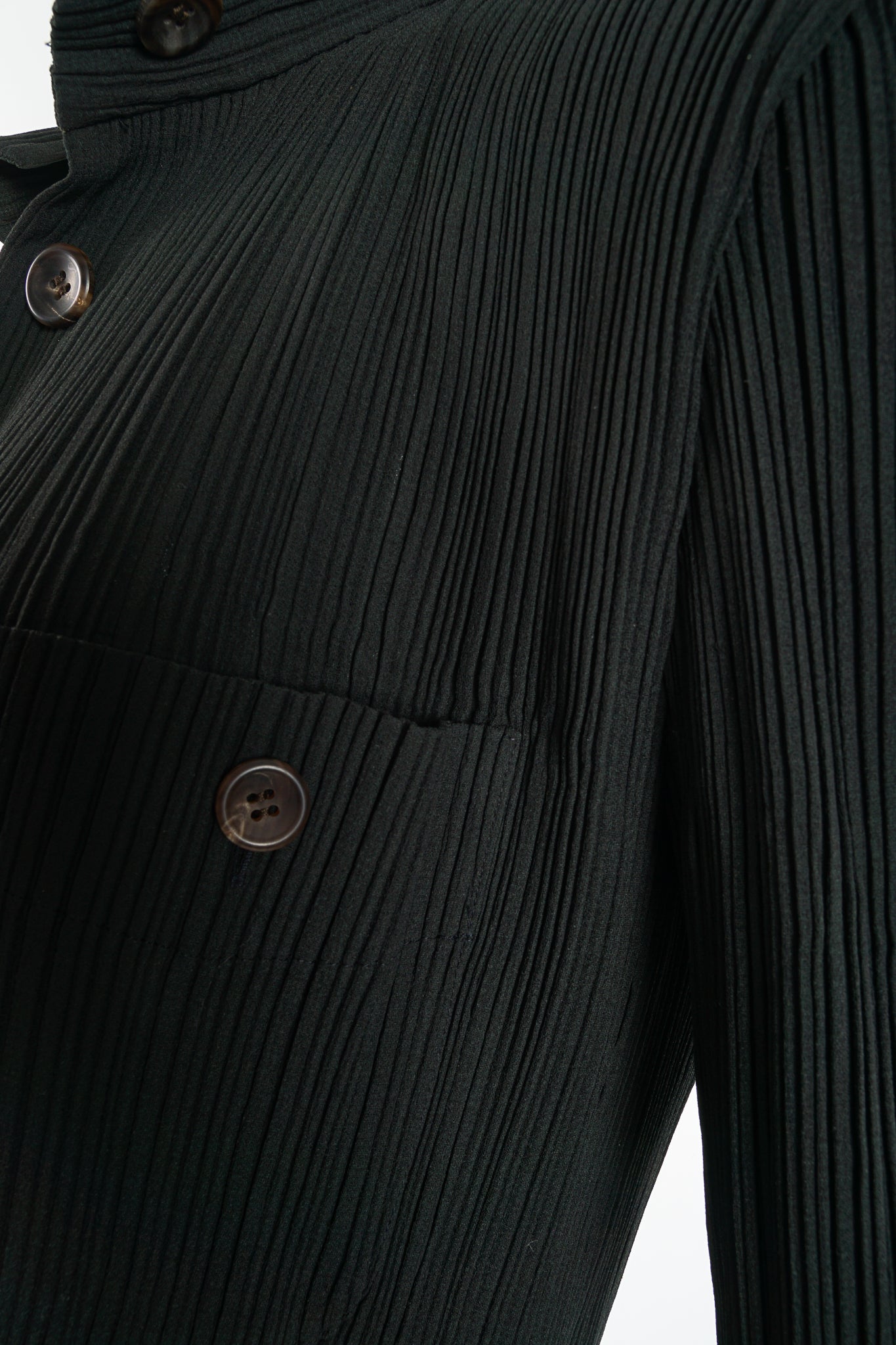 Vintage Issey Miyake Unisex Pleated Shirt Jacket pocket detail at Recess Los Angeles