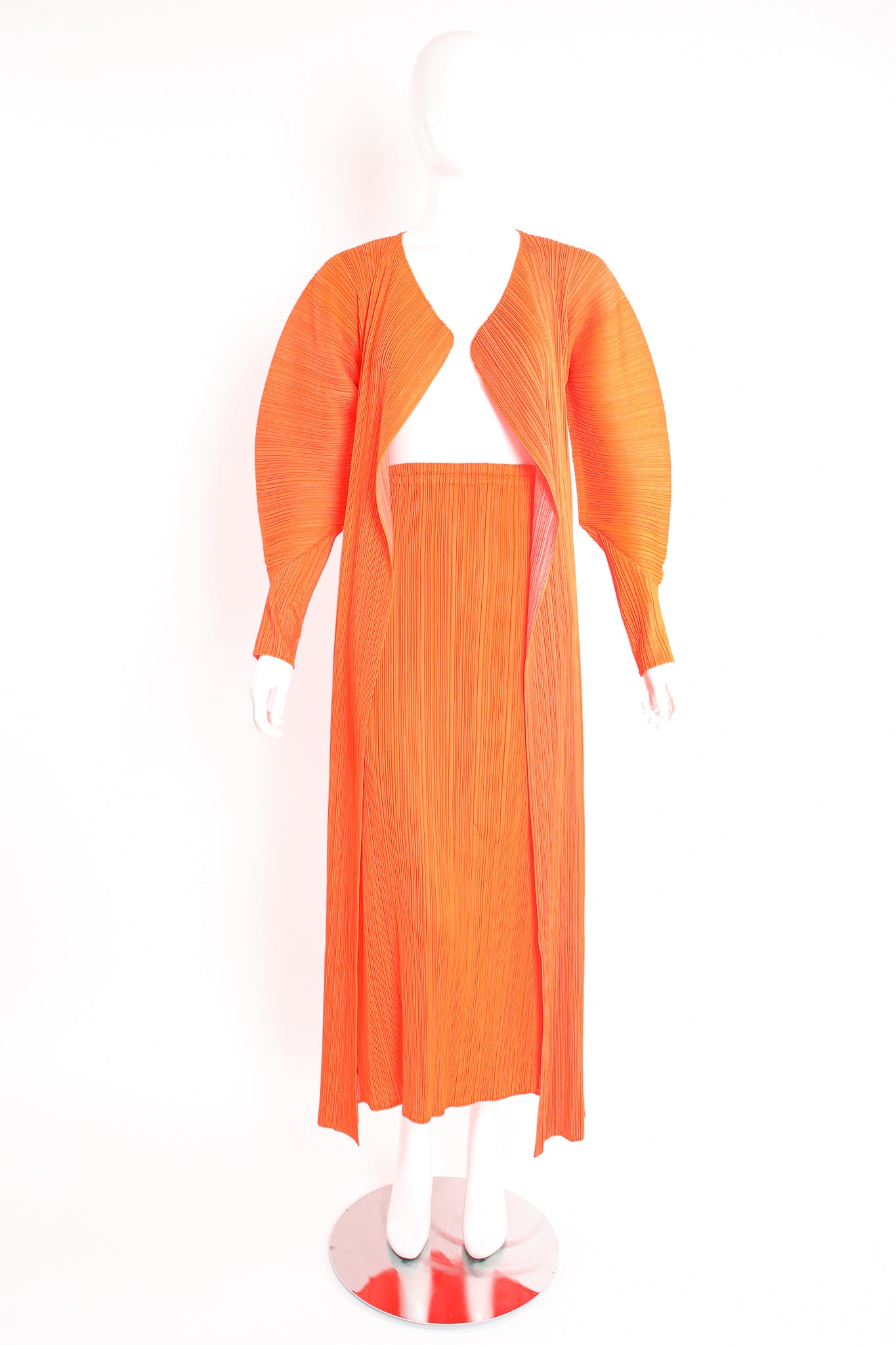 Vintage Issey Miyake Pleats Please Neon Duster & Skirt Set on Mannequin front at Recess LA
