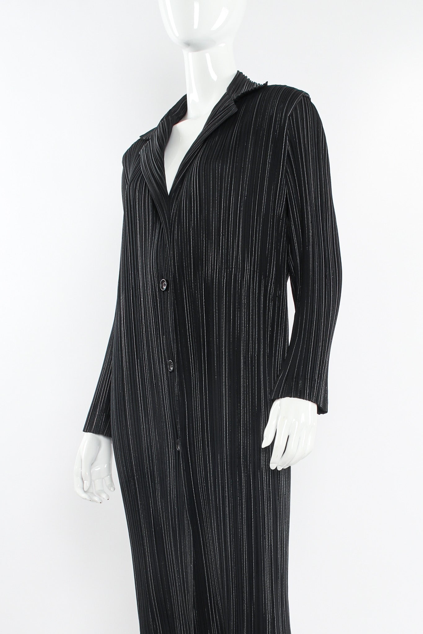 Vintage Issey Miyake Plissé Pleat Pinstripe Duster mannequin close angle @ Recess Los Angeles