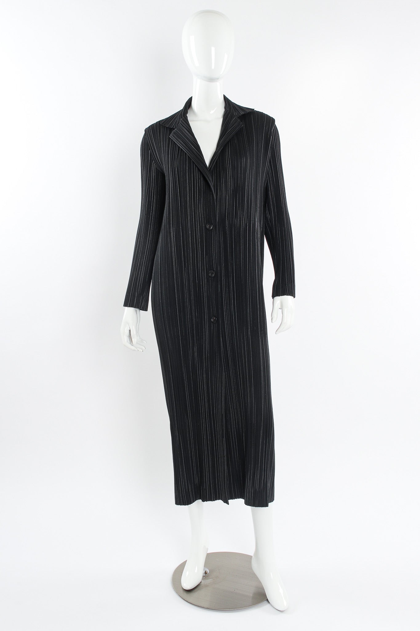 Vintage Issey Miyake Plissé Pleat Pinstripe Duster mannequin front@ Recess Los Angeles
