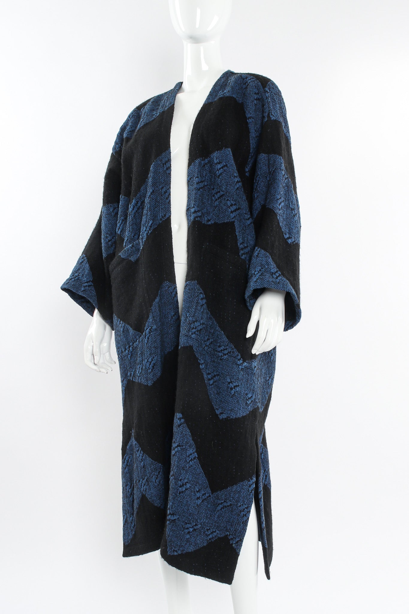 Vintage Issey Miyake 1980s Geo Stripe Textured Linen Duster mannequin close angle @ Recess LA