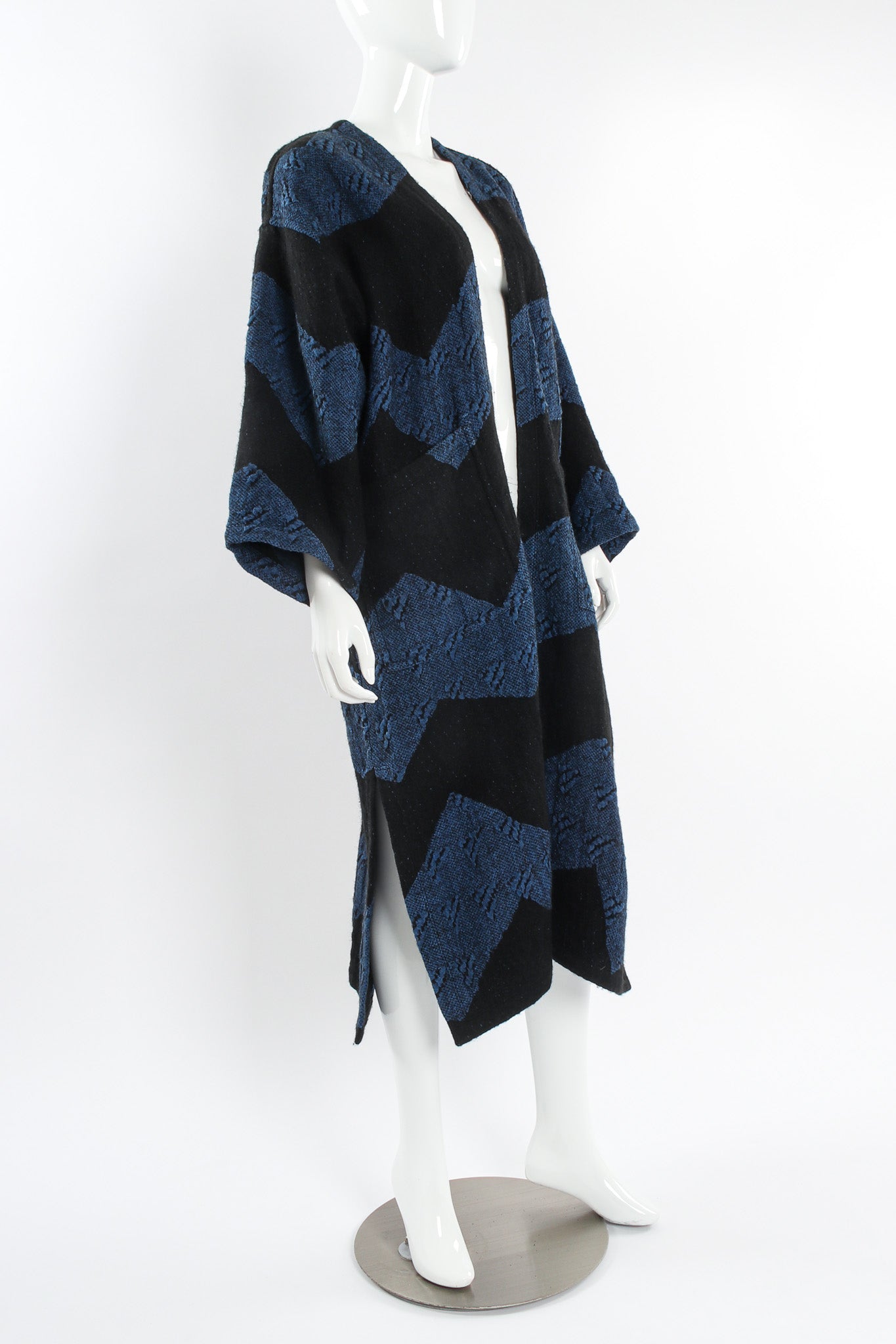 Vintage Issey Miyake 1980s Geo Stripe Textured Linen Duster mannequin side angle @ Recess LA