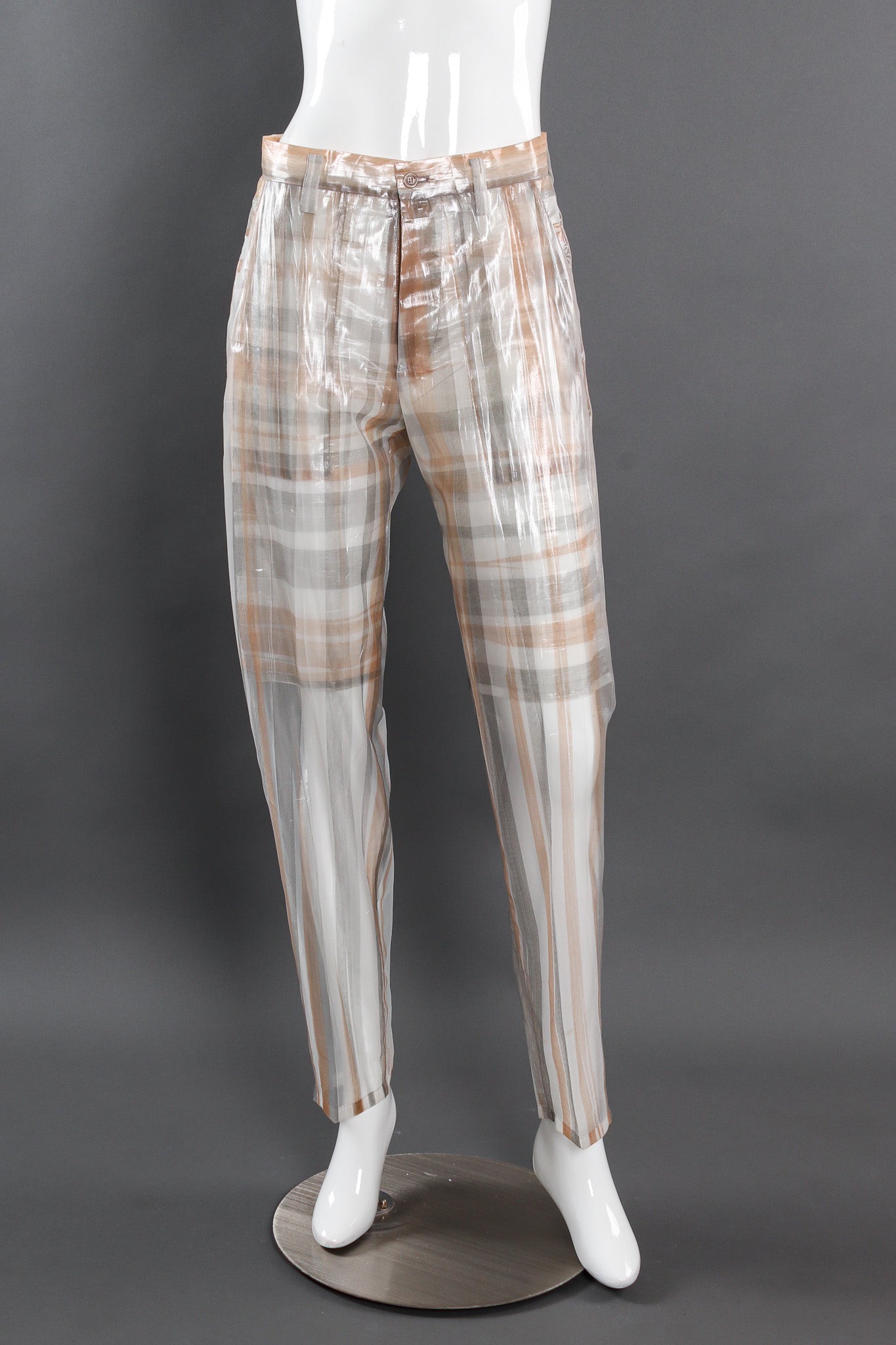 Vintage Issey Miyake Metallic Plaid Sheer Jacket & Pant Set mannequin front pant @ Recess LA