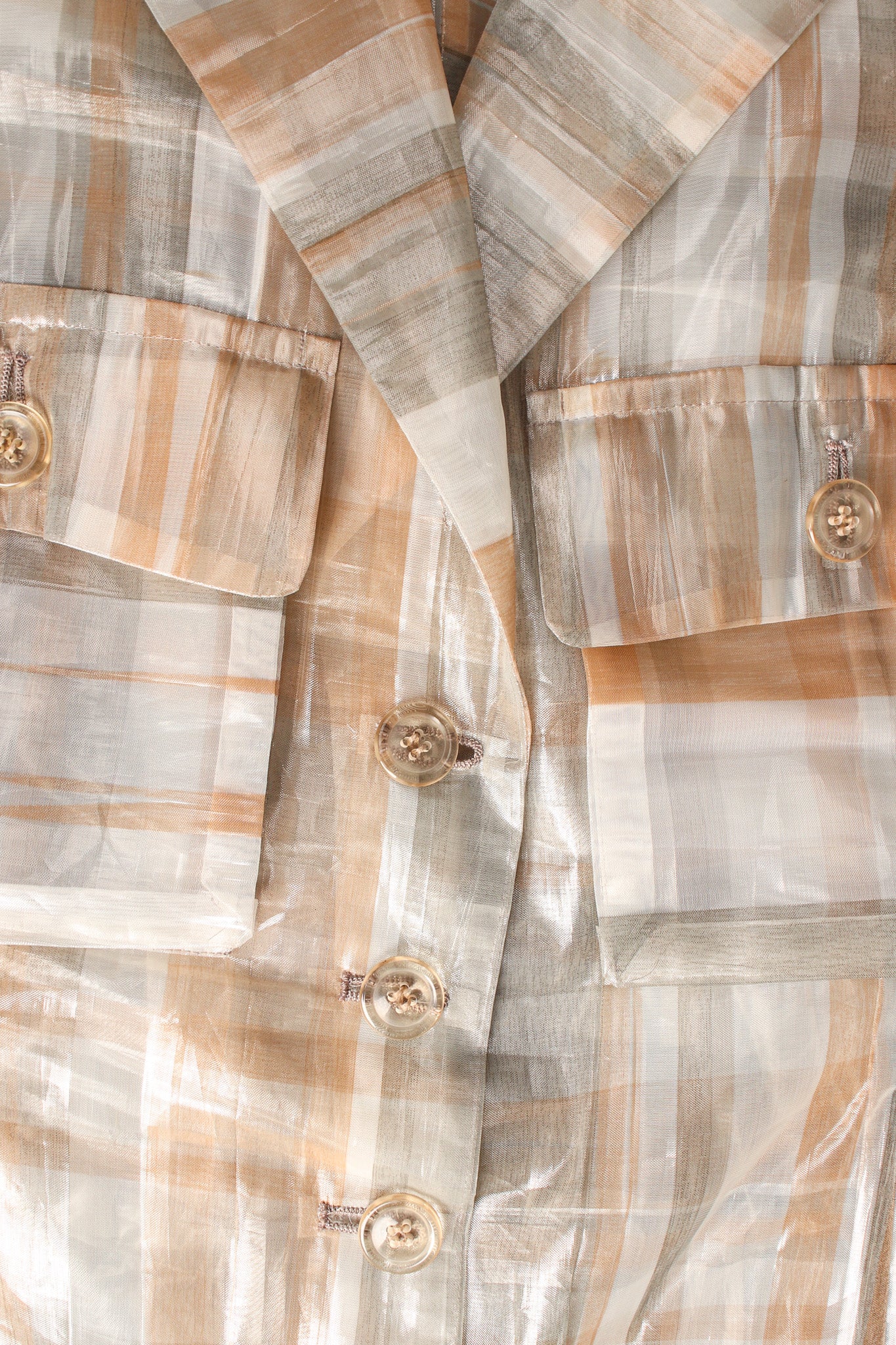 Vintage Issey Miyake Metallic Plaid Sheer Jacket & Pant Set top front detail @ Recess LA