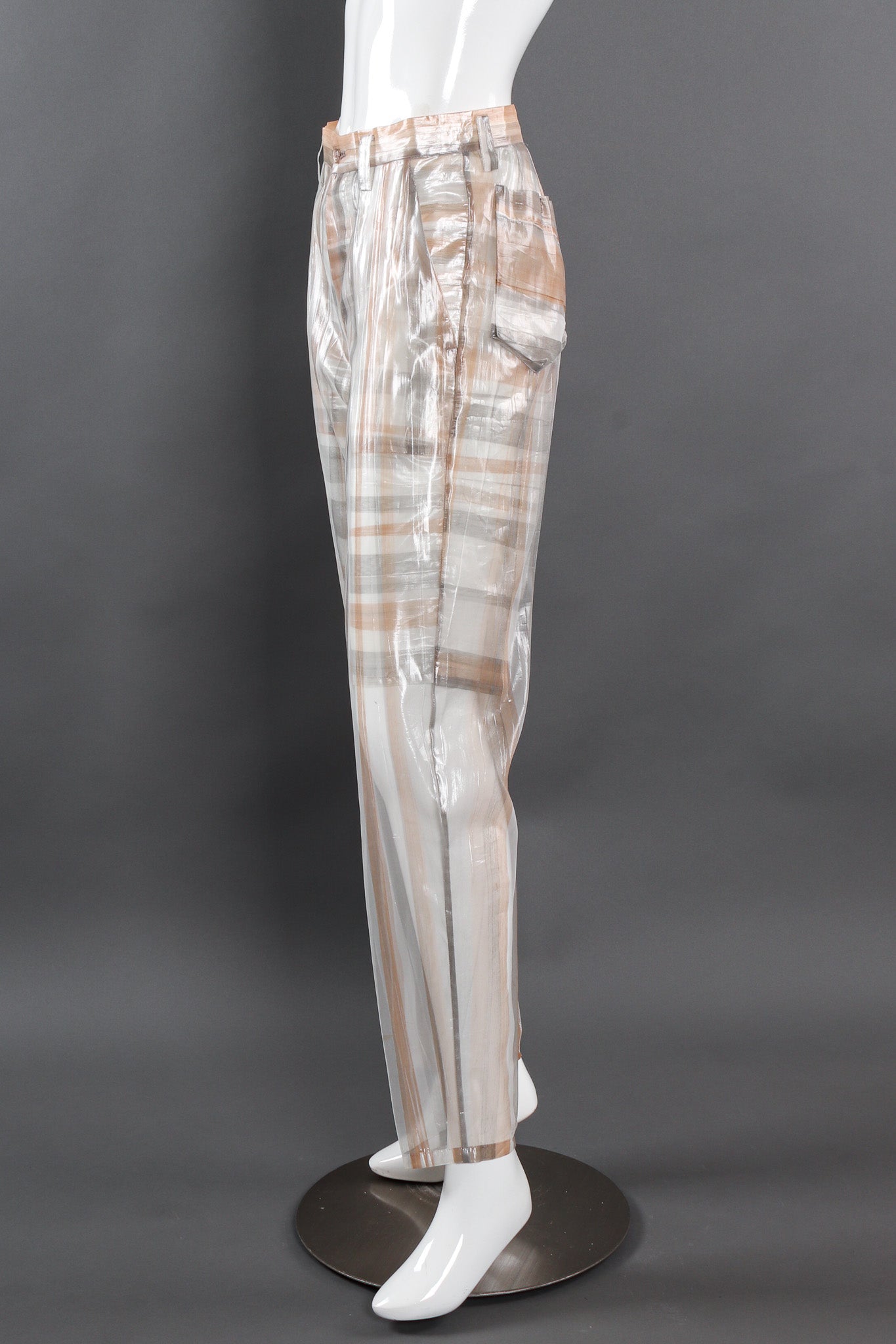 Vintage Issey Miyake Metallic Plaid Sheer Jacket & Pant Set mannequin side pant @ Recess LA