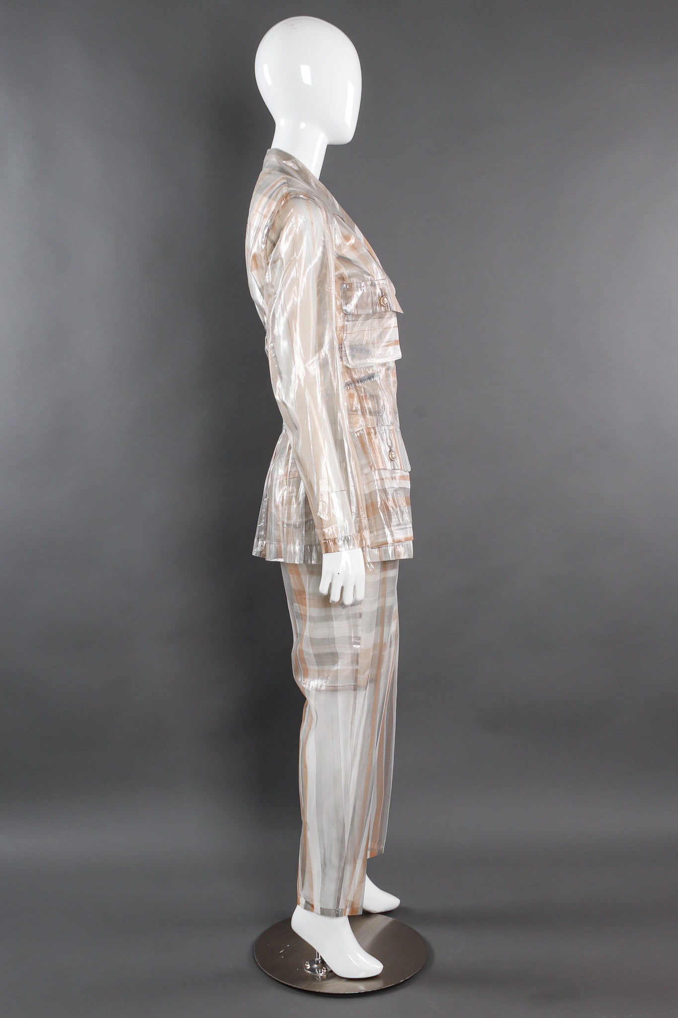 Vintage Issey Miyake Metallic Plaid Sheer Jacket & Pant Set mannequin side @ Recess LA