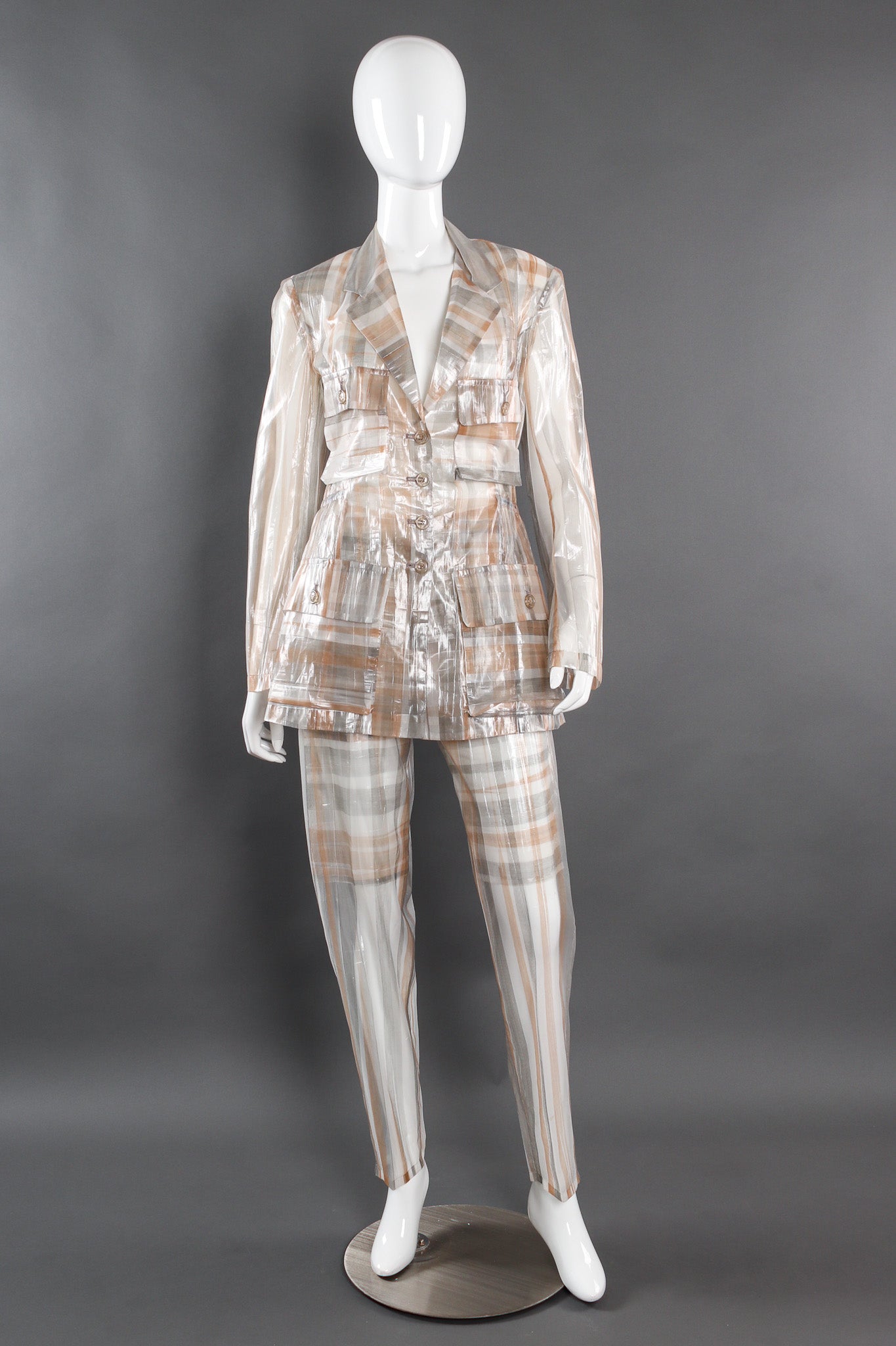 Vintage Issey Miyake Metallic Plaid Sheer Jacket & Pant Set mannequin front @ Recess LA