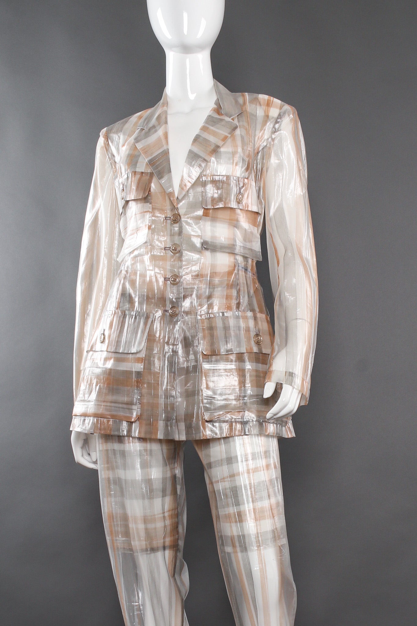 Vintage Issey Miyake Metallic Plaid Sheer Jacket & Pant Set mannequin close angle @ Recess LA