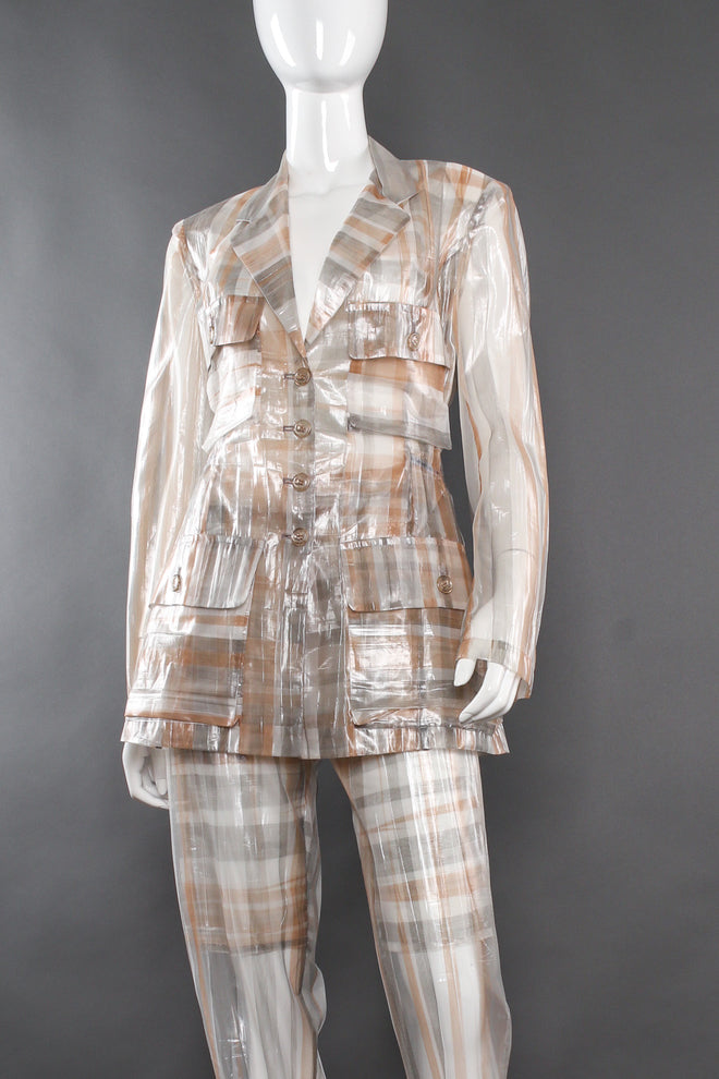 Vintage Issey Miyake Metallic Plaid Sheer Jacket & Pant Set mannequin close angle @ Recess LA