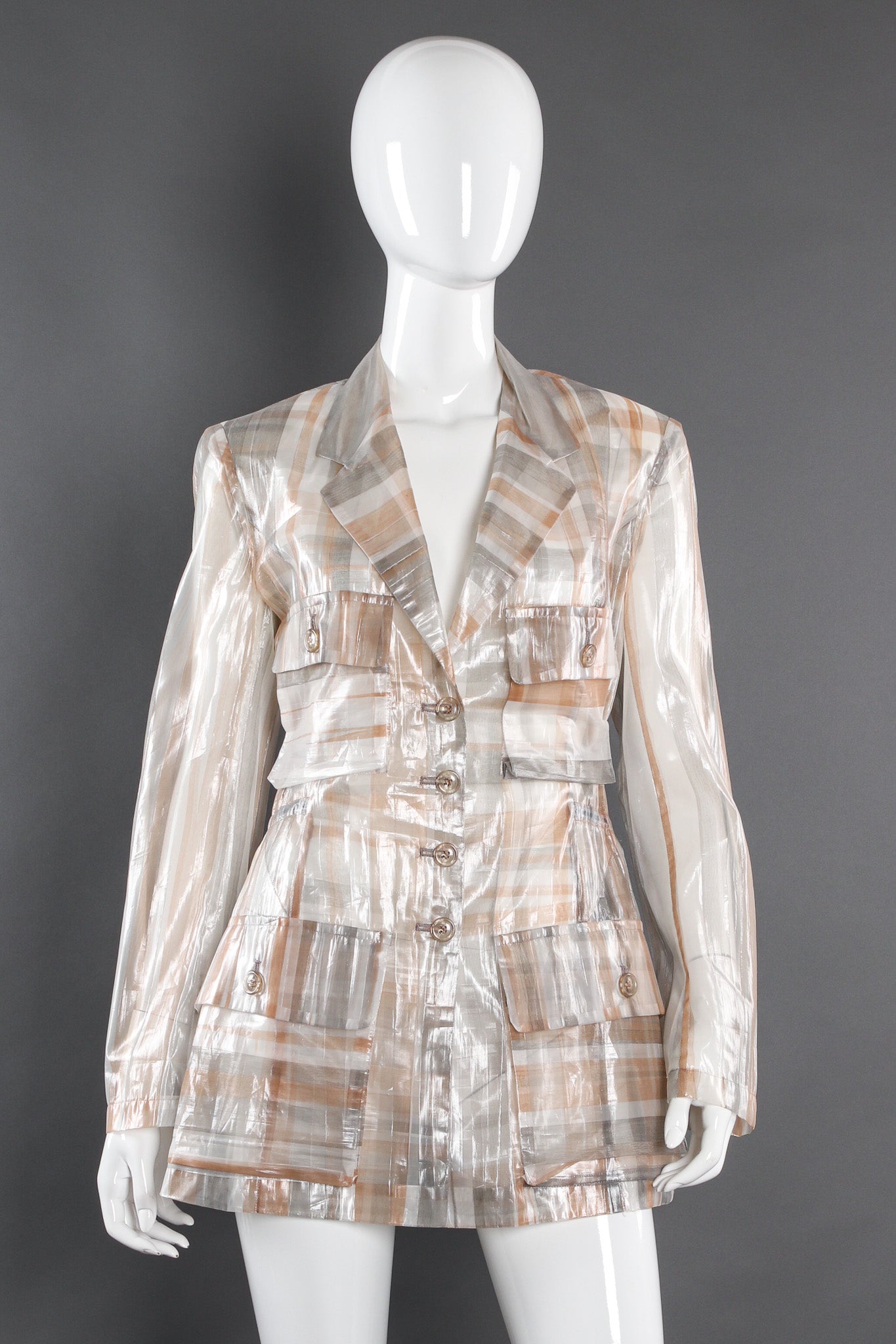 Vintage Issey Miyake Metallic Plaid Sheer Jacket & Pant Set mannequin front top @ Recess LA