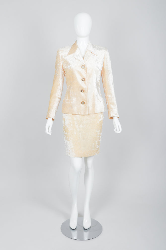 Vintage Istante Versace Vanilla Crushed Velvet Jacket & Skirt Set Bridal Suit on Mannequin Front