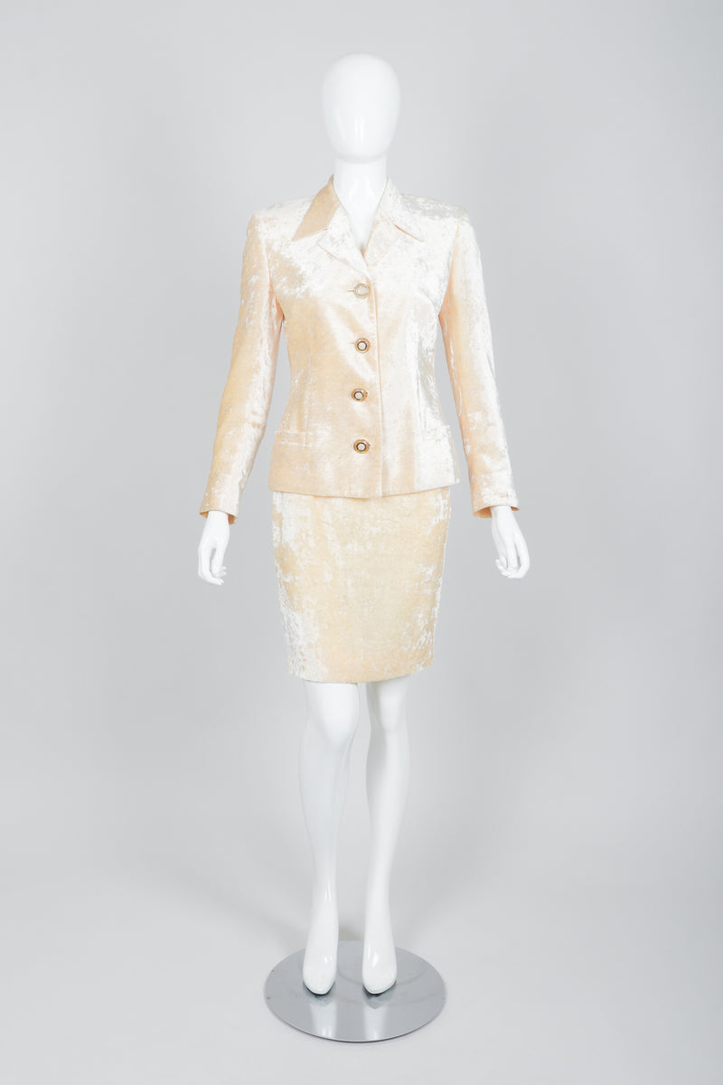 Vintage Istante Versace Vanilla Crushed Velvet Jacket & Skirt Set Bridal Suit on Mannequin Front