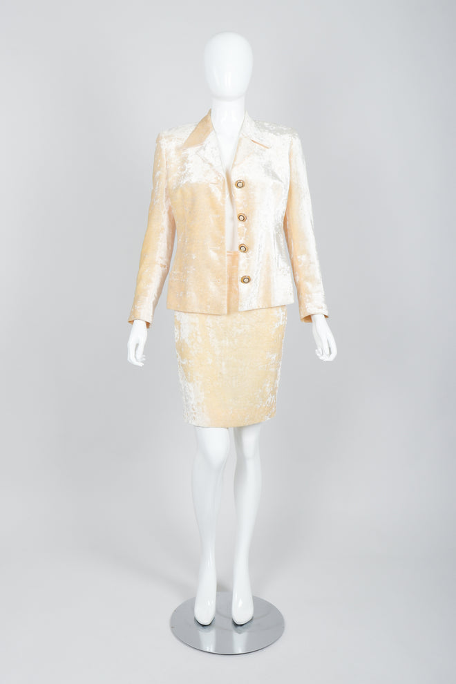 Vintage Istante Versace Vanilla Crushed Velvet Jacket & Skirt Set Bridal Suit on Mannequin Open
