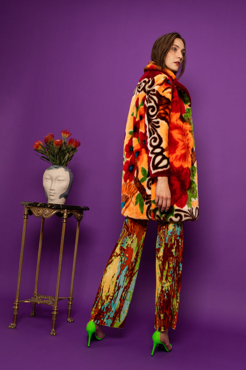 Vintage Claude D'Alban Floral Faux Fur Fleece Coat on Model @ Recess LA