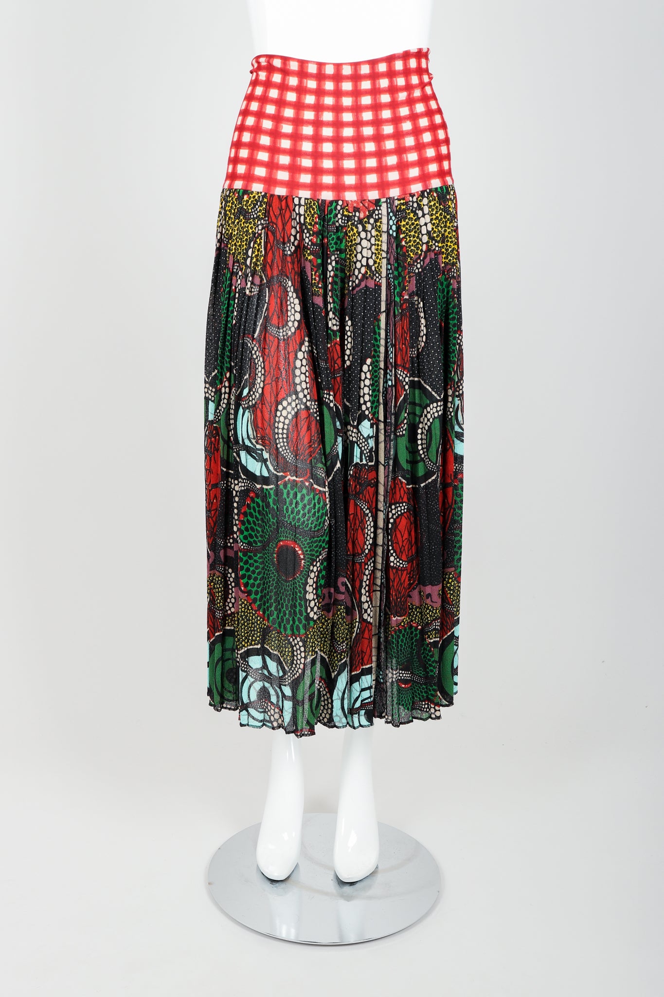 Vintage Jean Paul Gaultier Soleil Wax Print Skirt on Mannequin front at Recess Los Angeles