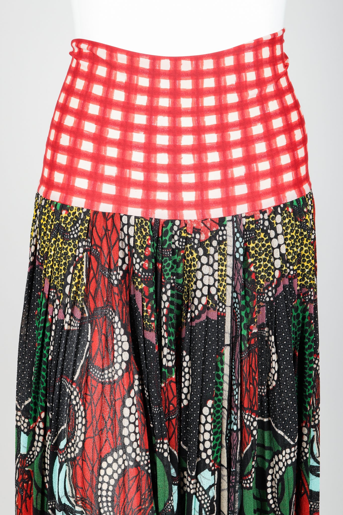 Vintage Jean Paul Gaultier Soleil Wax Print Skirt on Mannequin waistband at Recess Los Angeles