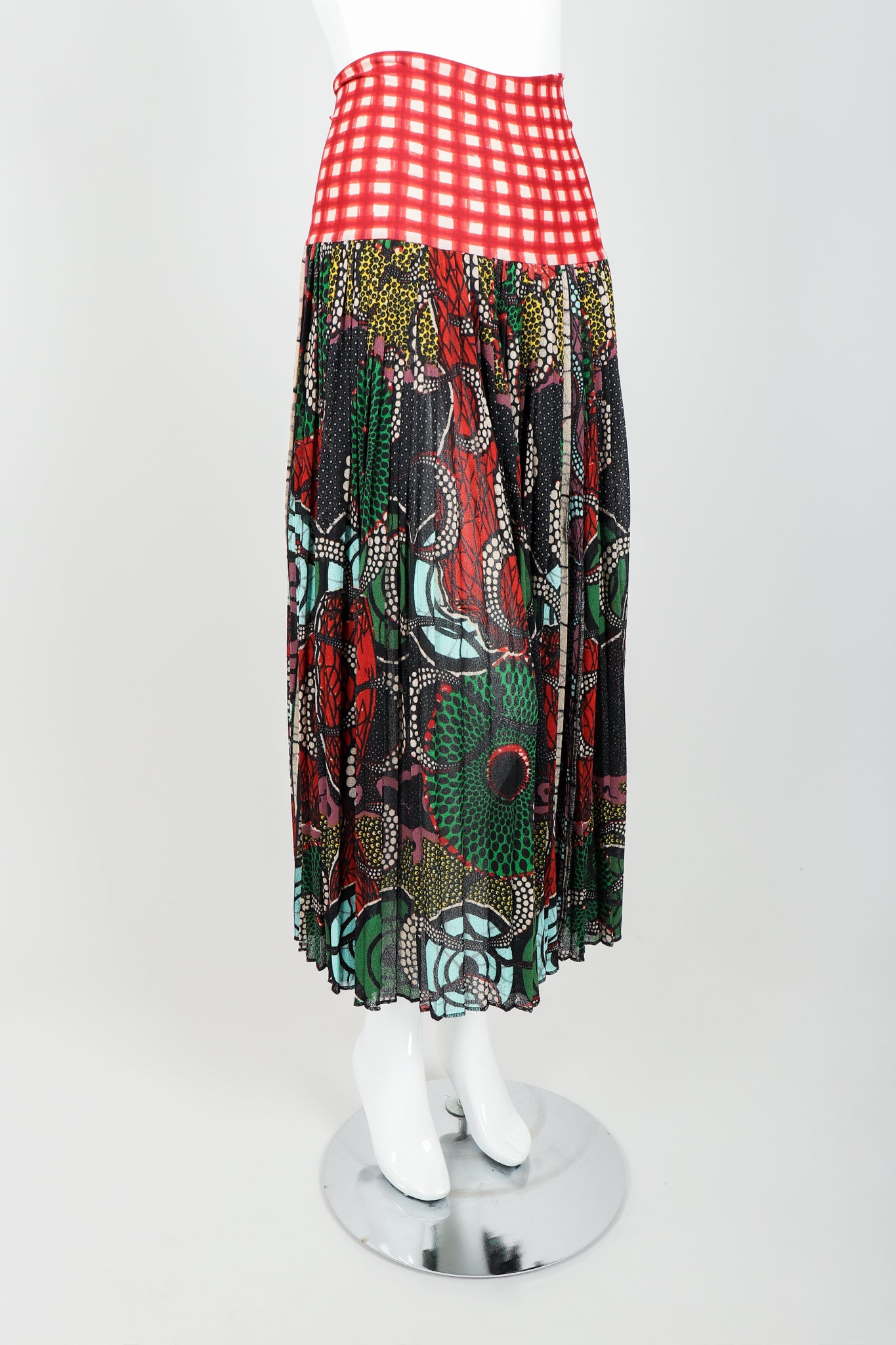 Vintage Jean Paul Gaultier Soleil Wax Print Skirt on Mannequin angle at Recess Los Angeles