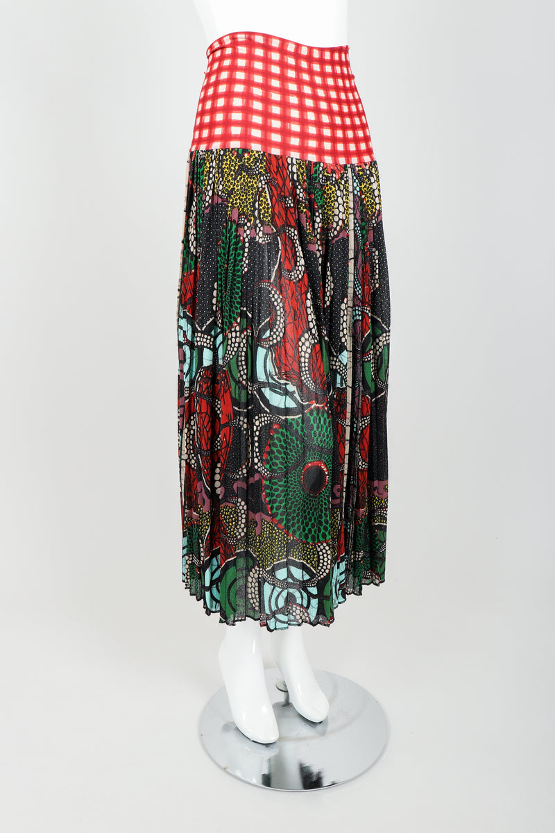 Vintage Jean Paul Gaultier Soleil Wax Print Skirt on Mannequin angle at Recess Los Angeles