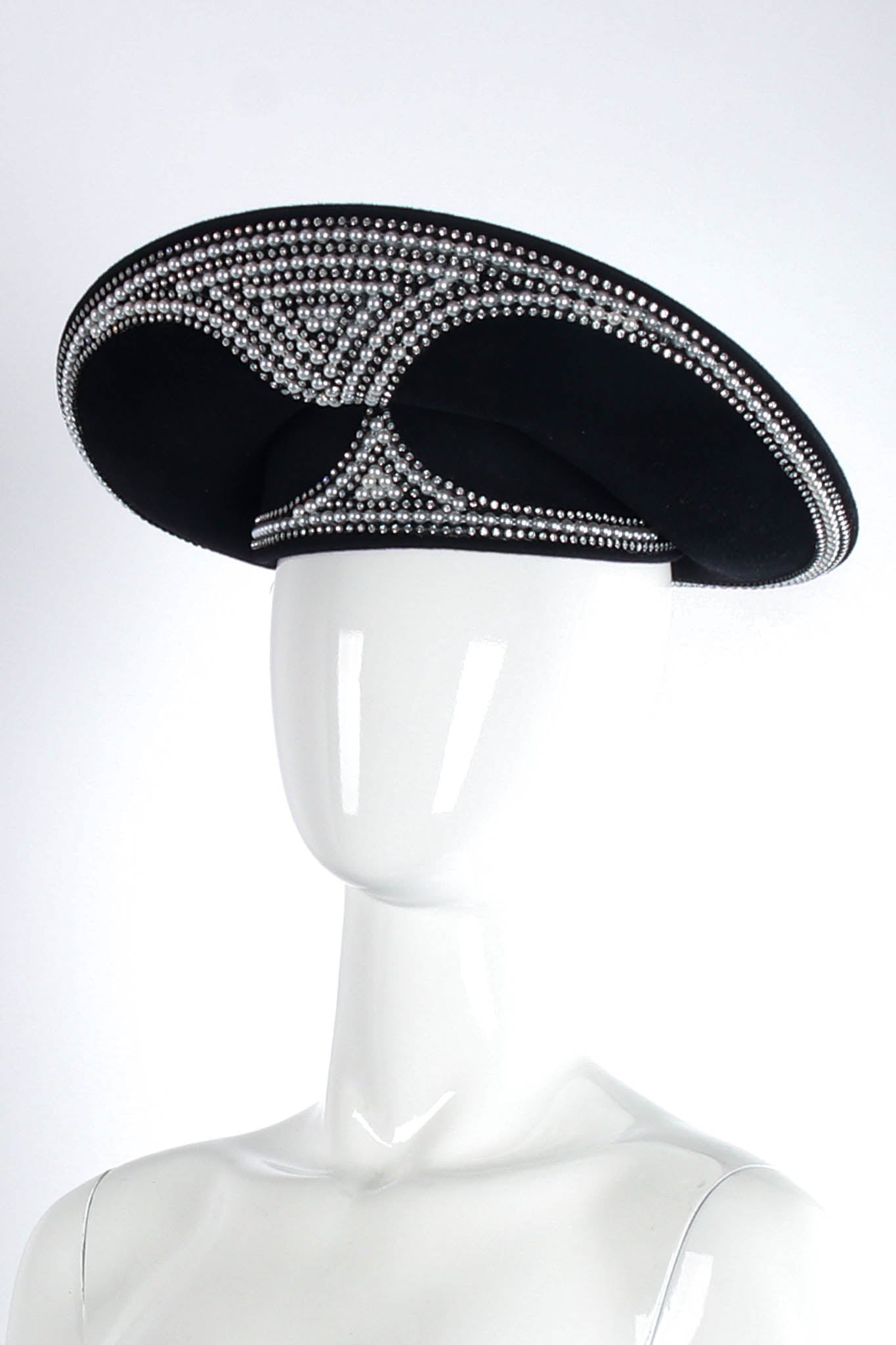 Vintage Jack McConnell Crystal Pearl Studded Halo Hat on mannequin at Recess Los Angeles