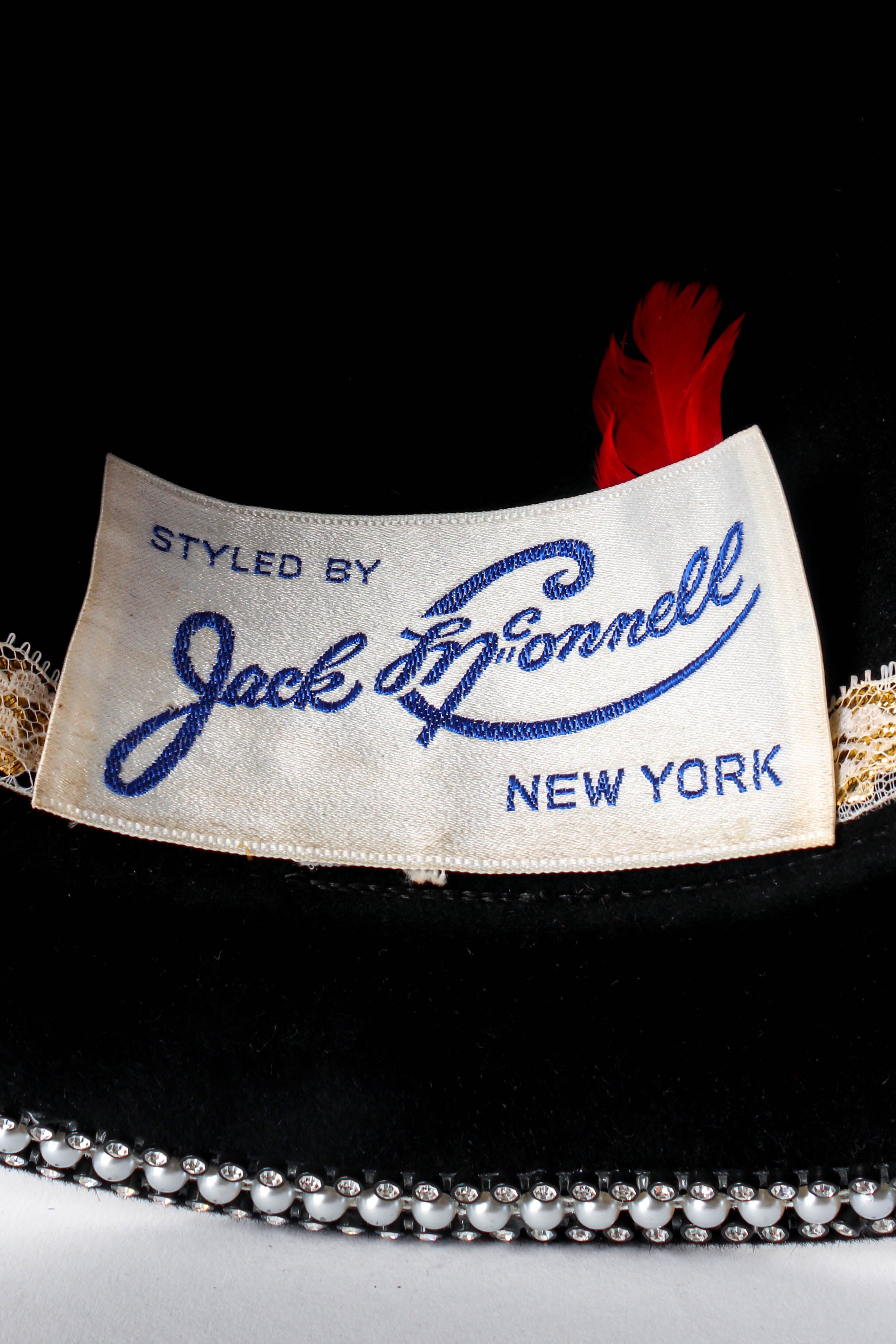 Vintage Jack McConnell Crystal Pearl Studded Halo Hat red feather label at Recess LA