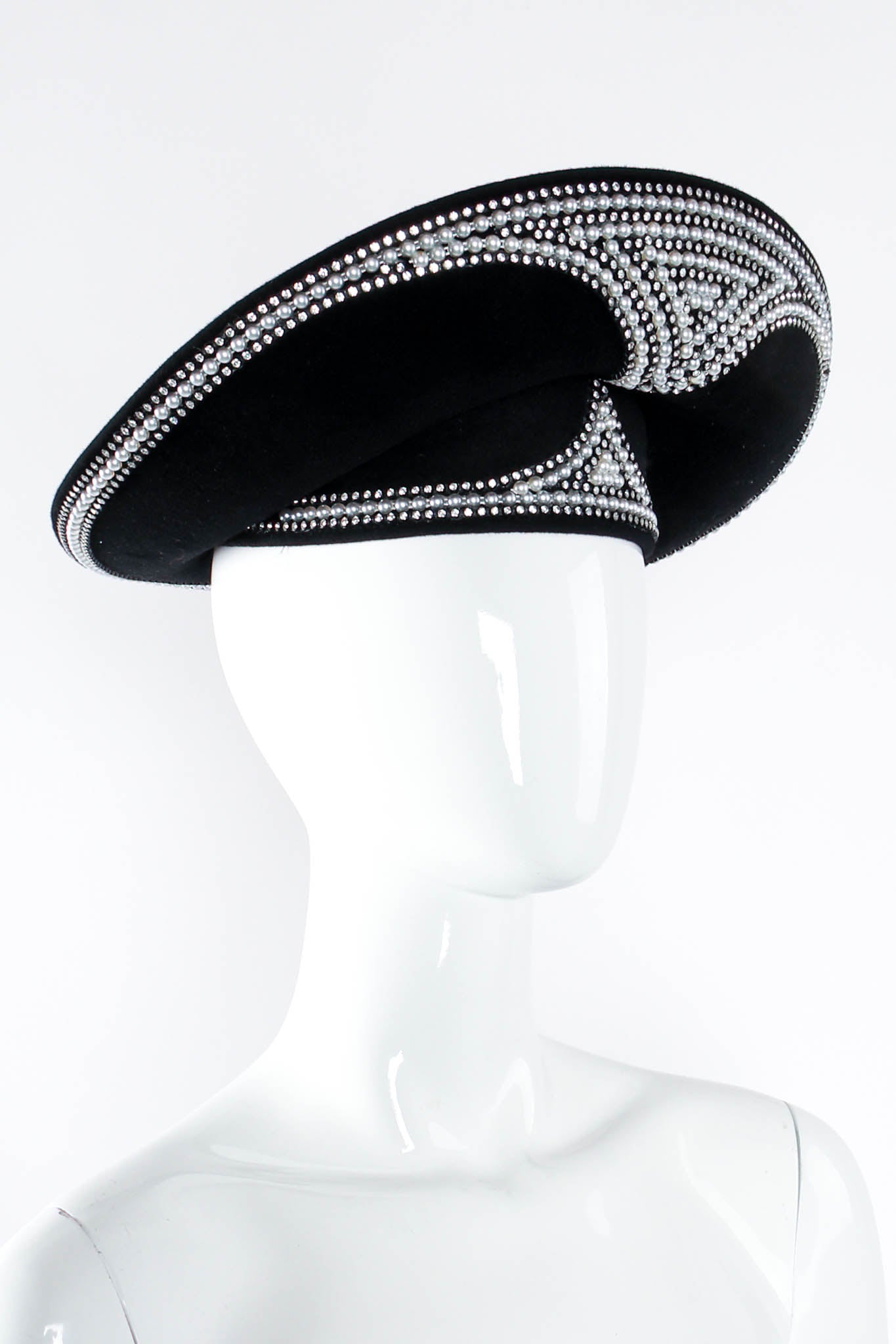 Vintage Jack McConnell Crystal Pearl Studded Halo Hat on mannequin at Recess Los Angeles