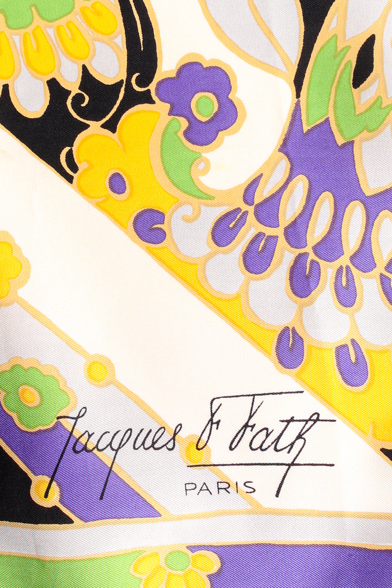 Vintage Jacques Fath Geometric Floral Block Scarf signature at Recess Los Angeles