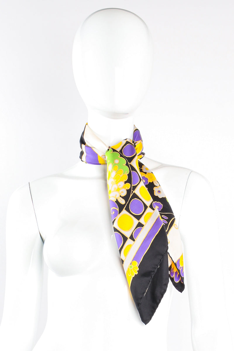 Vintage Jacques Fath Geometric Floral Block Scarf on mannequin at Recess Los Angeles
