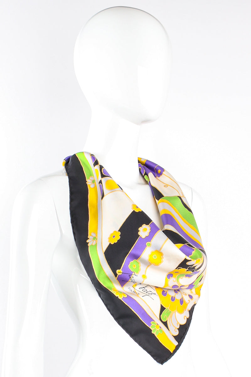 Vintage Jacques Fath Geometric Floral Block Scarf on mannequin at Recess Los Angeles