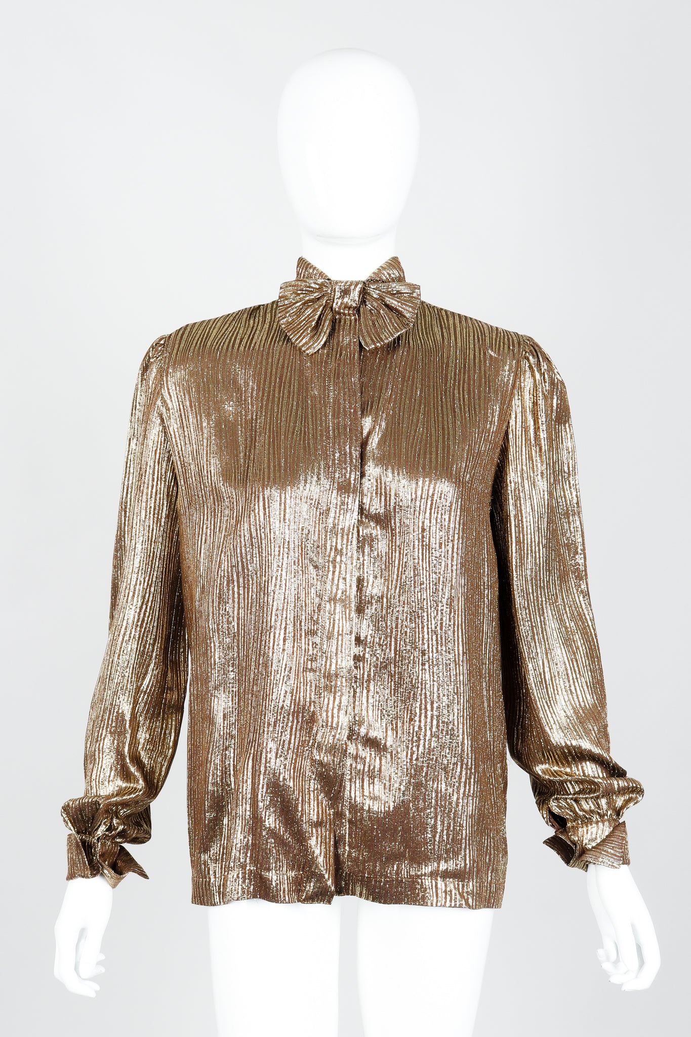 Vintage Jacques Molko Striped Gold Lamé Bow Tie Blouse on Mannequin Front at Recess