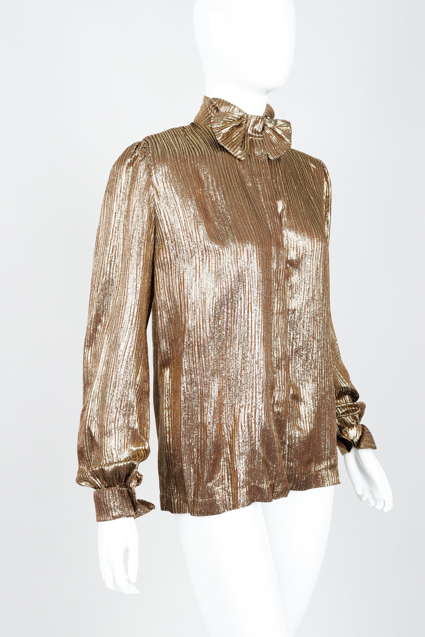 Vintage Jacques Molko Striped Gold Lamé Bow Tie Blouse on Mannequin Side Crop at Recess