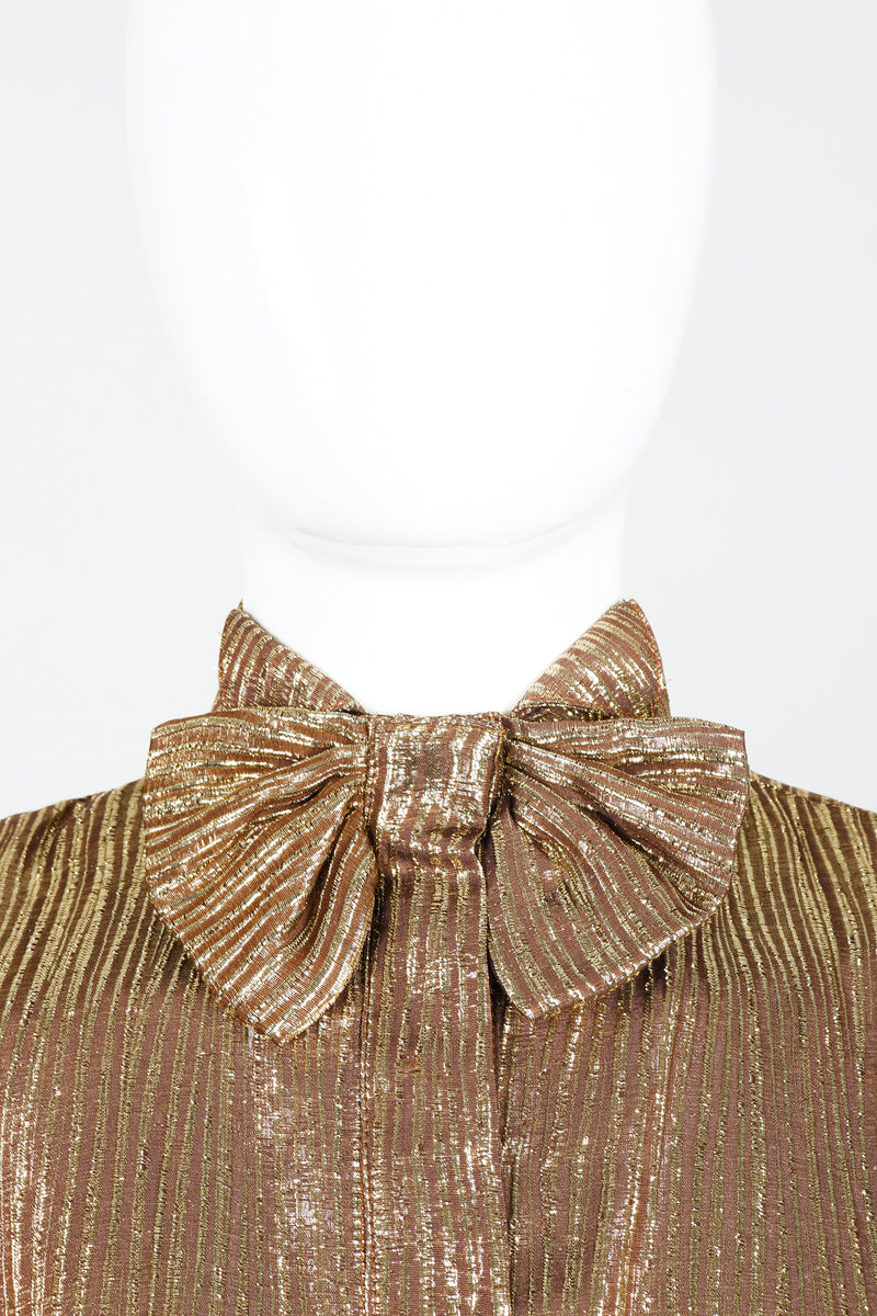 Vintage Jacques Molko Striped Gold Lamé Bow Tie Blouse on Mannequin Bow detail