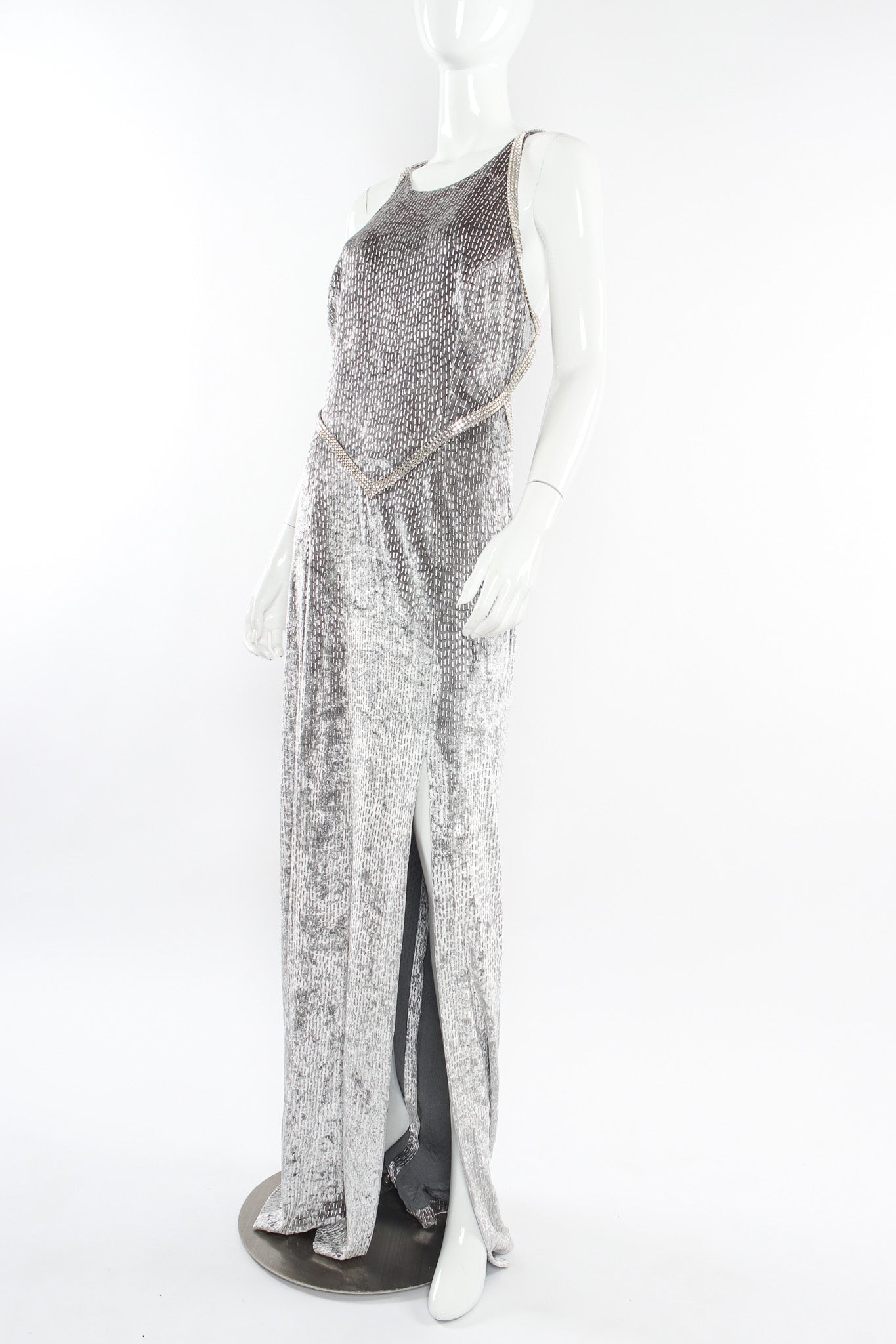 Vintage Janine Crushed Velvet Rhinestone Metallic Dress mannequin side angle @ Recess LA