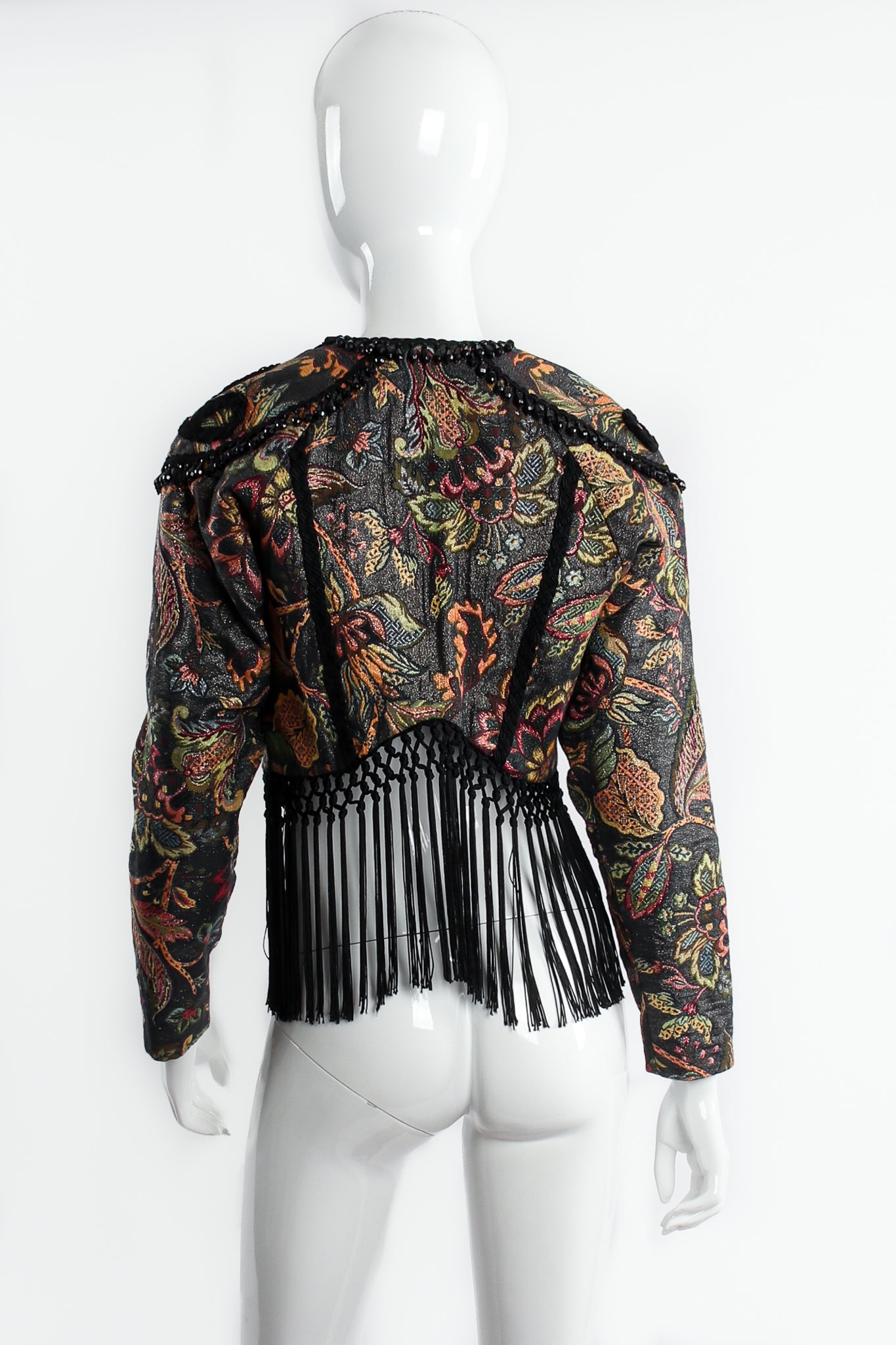 Vintage Janine Fringed Tapestry Matador Bolero Jacket on Mannequin back at Recess Los Angeles