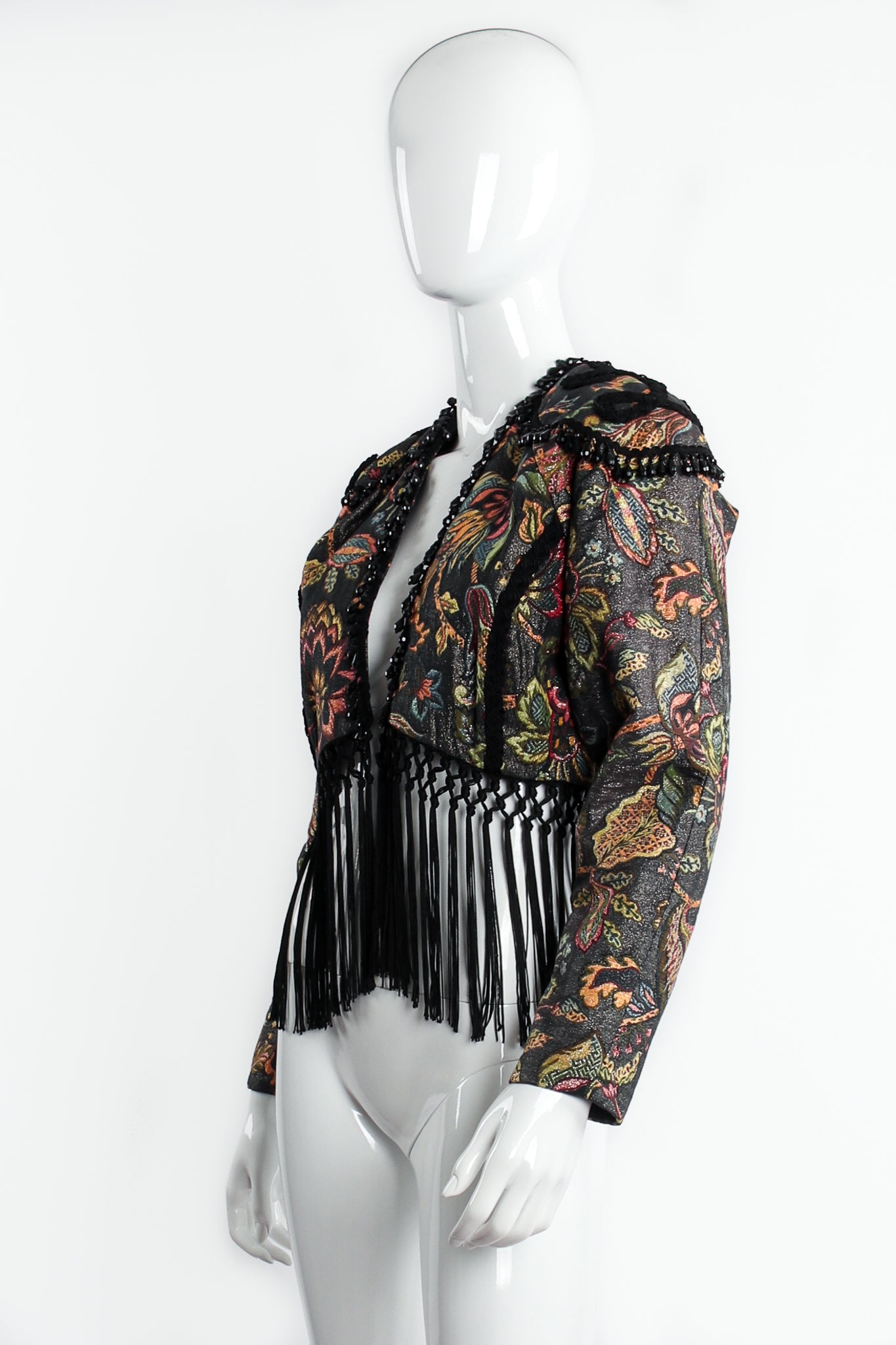 Vintage Janine Fringed Tapestry Matador Bolero Jacket on Mannequin angle at Recess Los Angeles