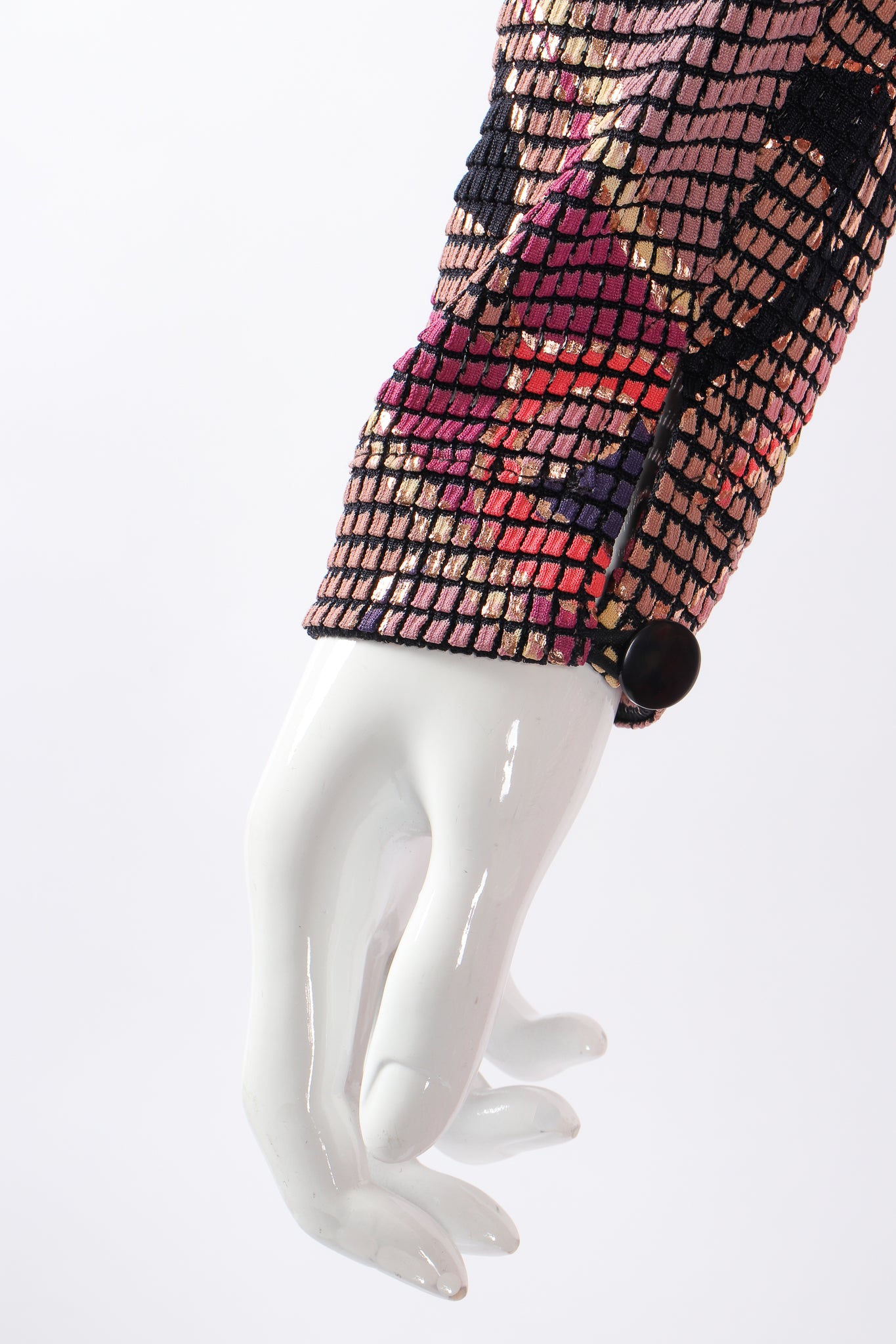 Vintage Janine Asymmetrical Mosaic Mesh Cutout Dress on Mannequin sleeve at Recess Los Angeles