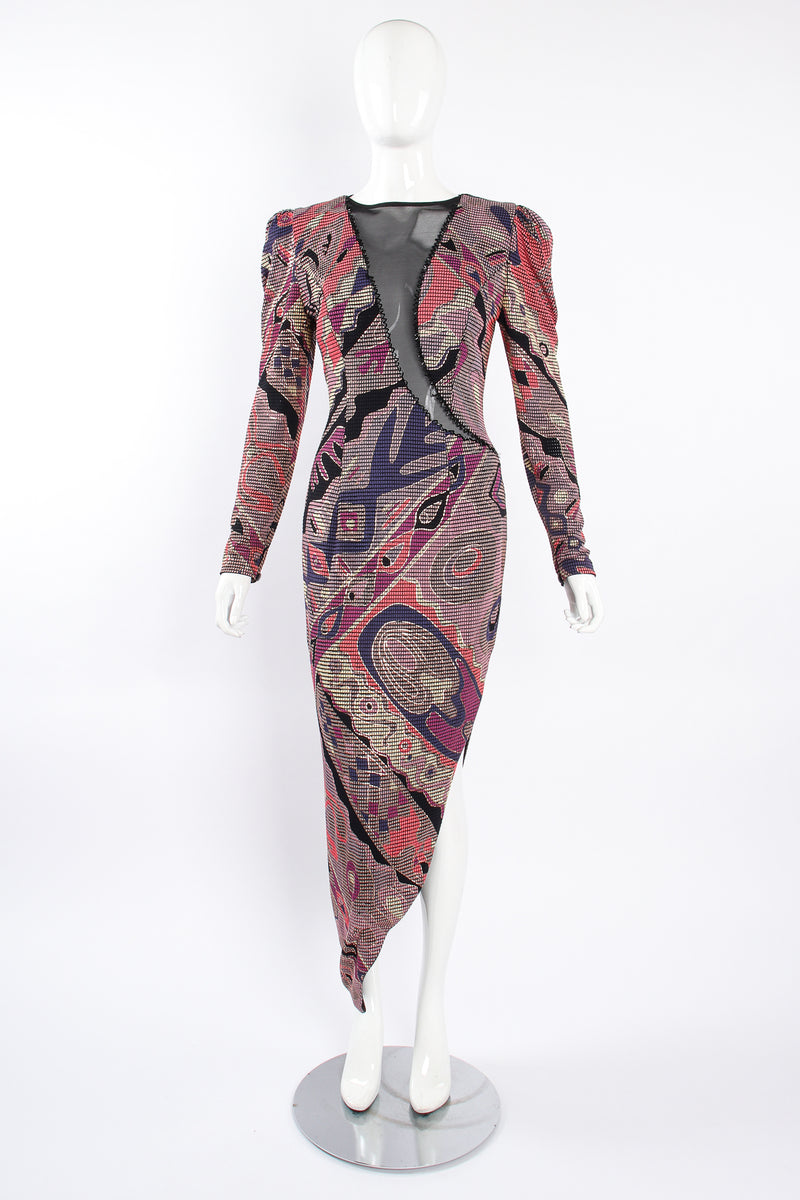 Vintage Janine Asymmetrical Mosaic Mesh Cutout Dress on Mannequin front at Recess Los Angeles