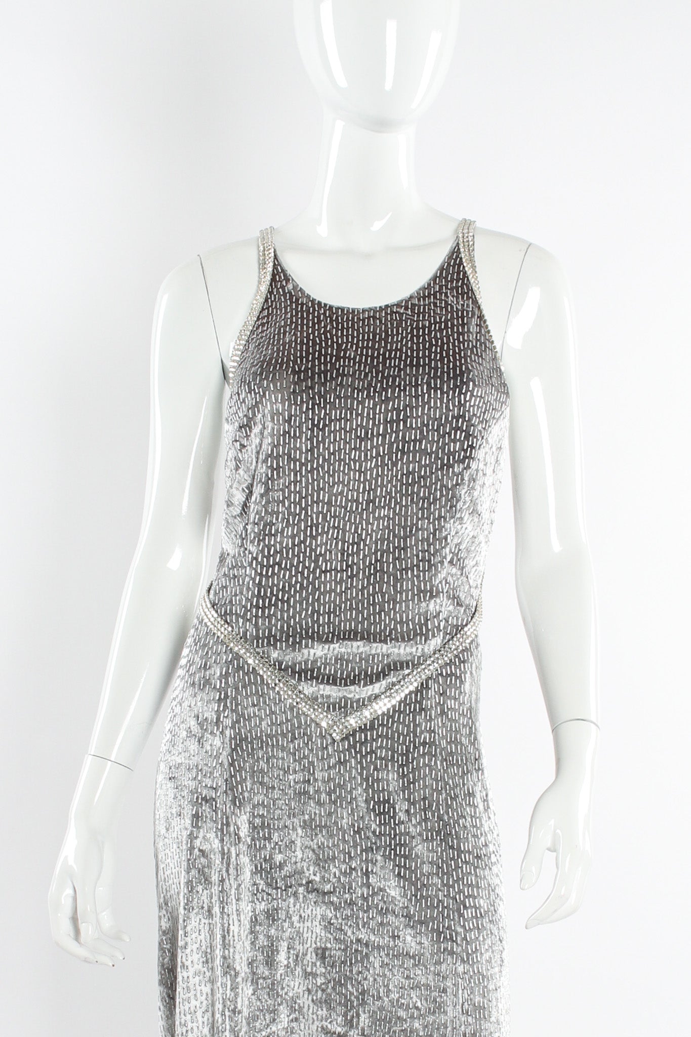 Vintage Janine Crushed Velvet Rhinestone Metallic Dress mannequin front close up @ Recess LA