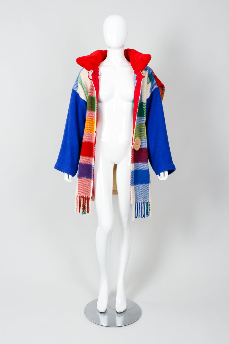 Vintage Jean-Charles De Castelbajac Rainbow Plaid Blanket Coat on Mannequin Front Open at Recess