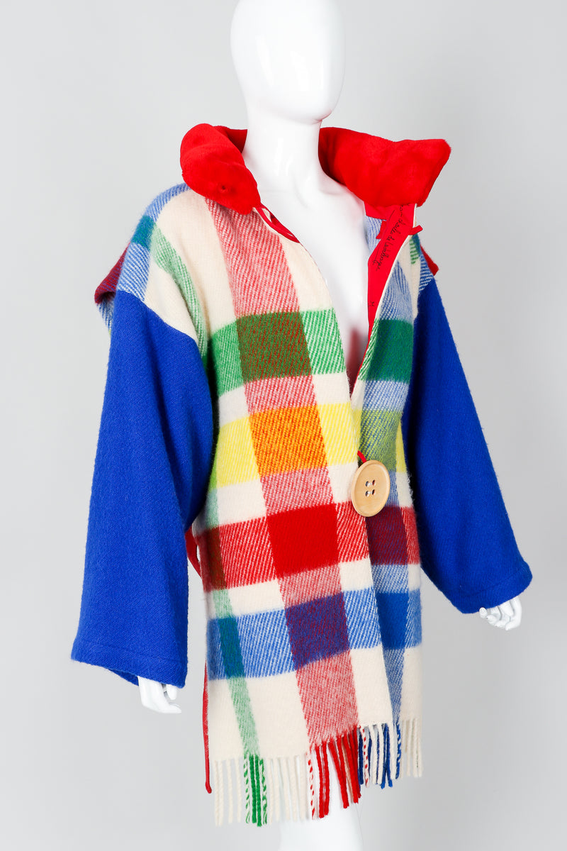 Vintage Jean-Charles De Castelbajac Rainbow Plaid Blanket Duffle Coat on Mannequin collar open