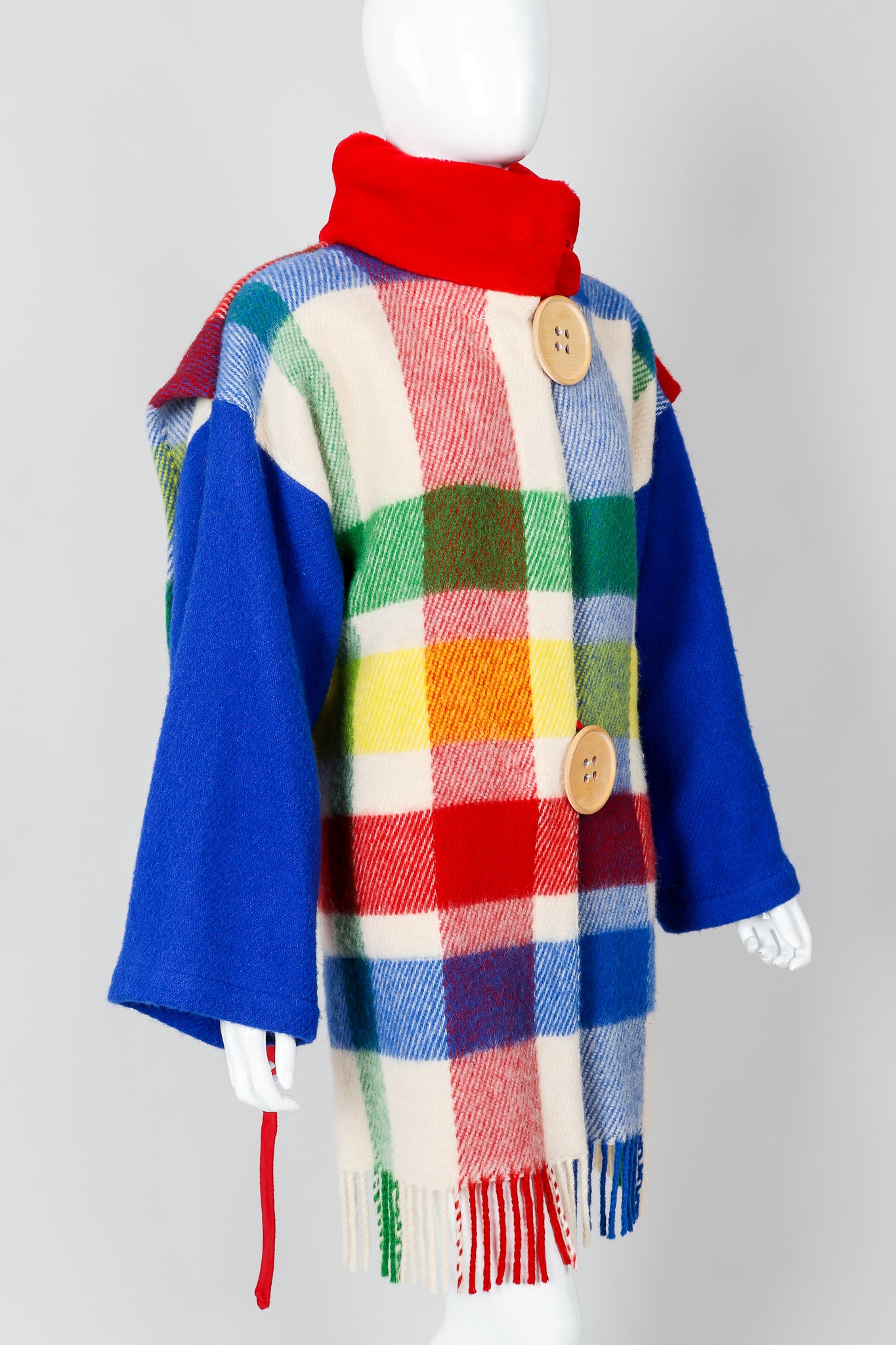 Vintage Jean-Charles De Castelbajac Rainbow Plaid Blanket Coat on Mannequin cropped at Recess