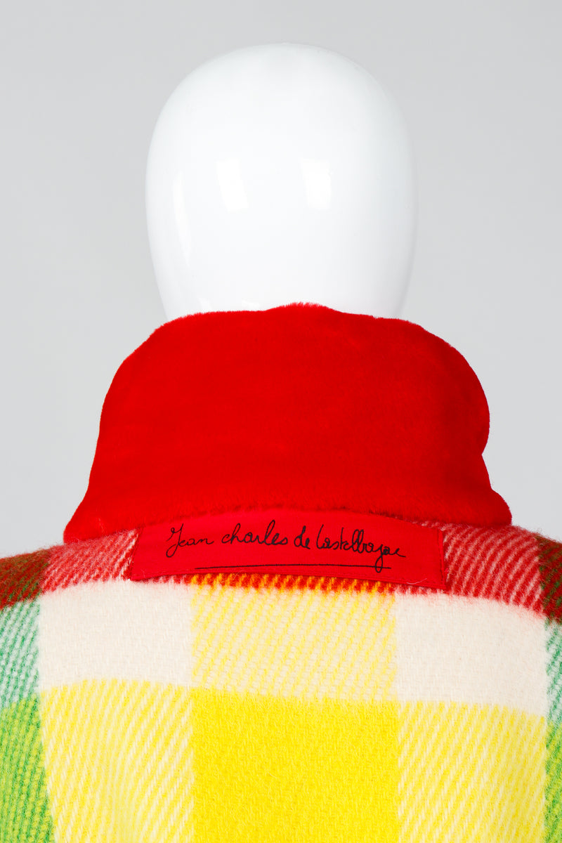Vintage Jean-Charles De Castelbajac Rainbow Plaid Blanket Coat on Mannequin back Collar