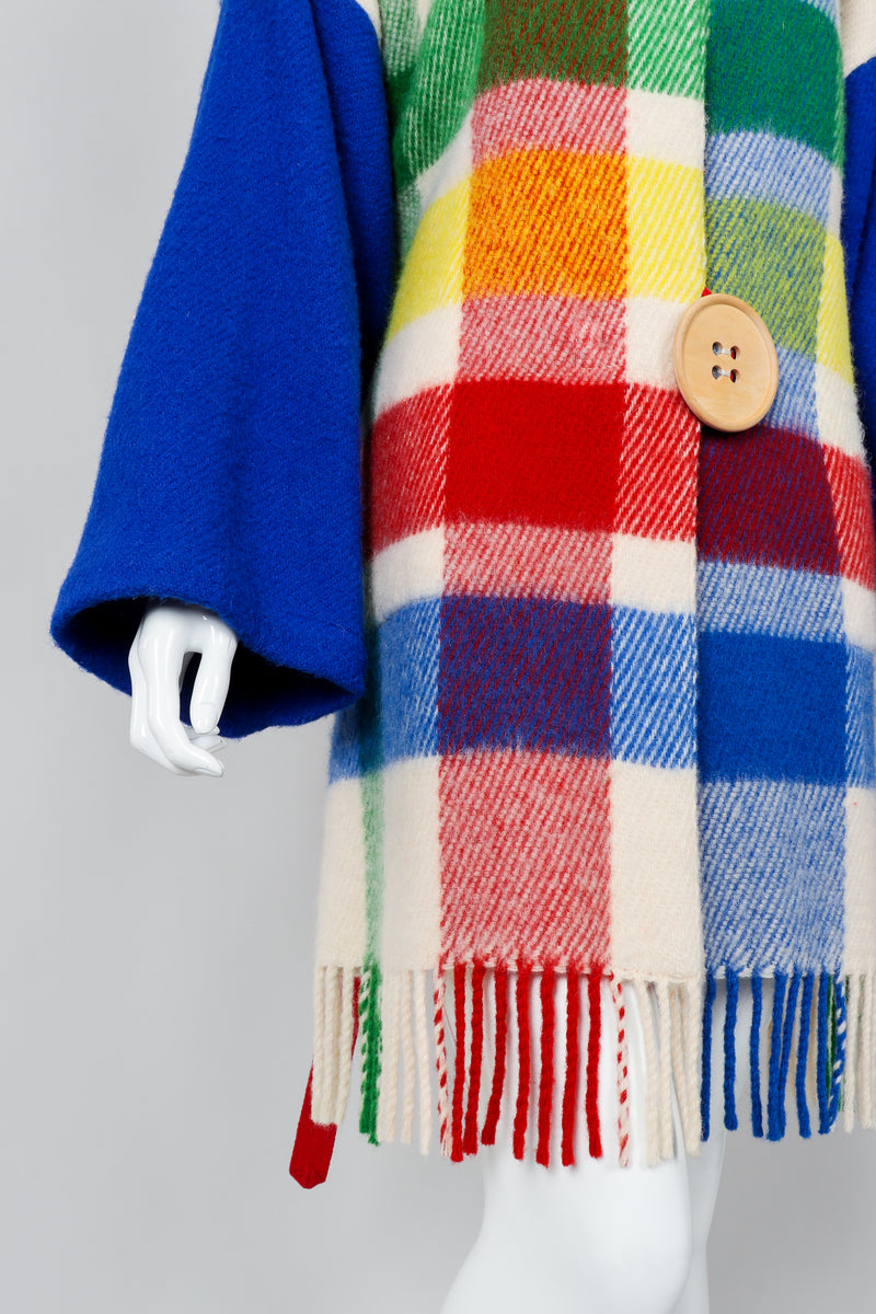 Vintage Jean-Charles De Castelbajac Rainbow Plaid Blanket Duffle Coat on Mannequin, fringe