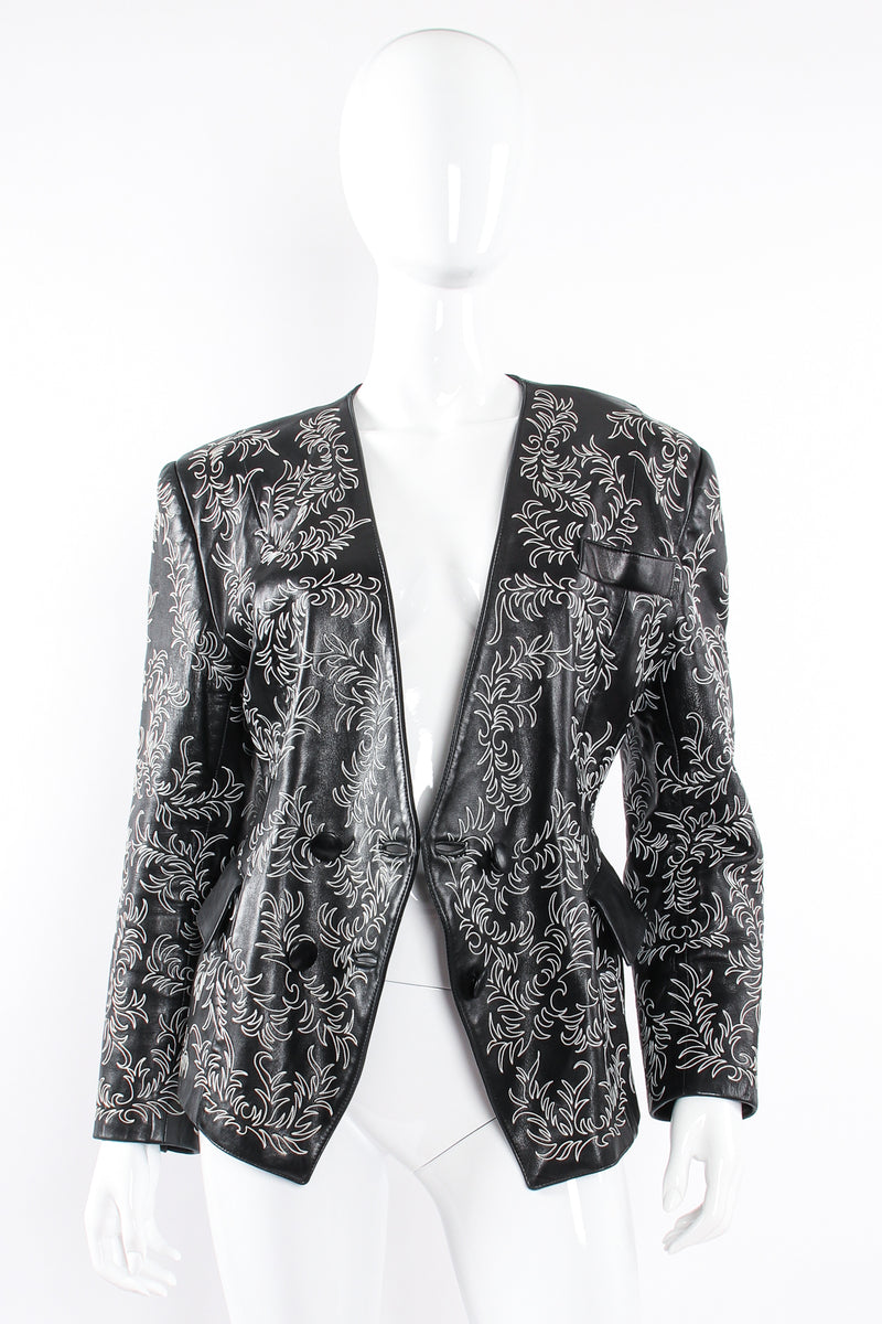 Vintage Jean Claude Jitrois Embroidered Collarless Leather Jacket on mannequin open at Recess LA
