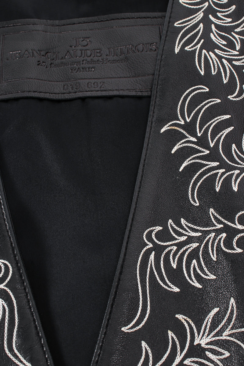 Vintage Jean Claude Jitrois Embroidered Collarless Leather Jacket embroidery stain at Recess LA