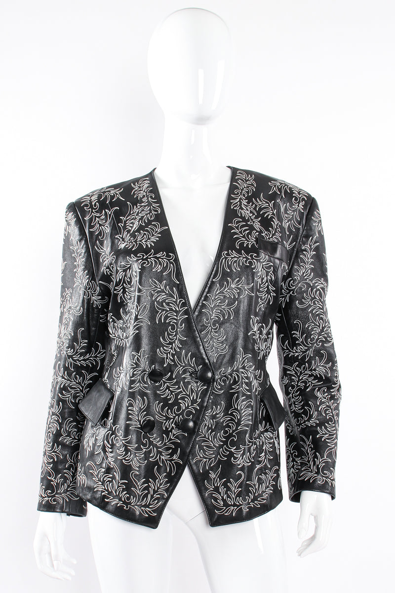 Vintage Jean Claude Jitrois Embroidered Collarless Leather Jacket on mannequin front at Recess LA