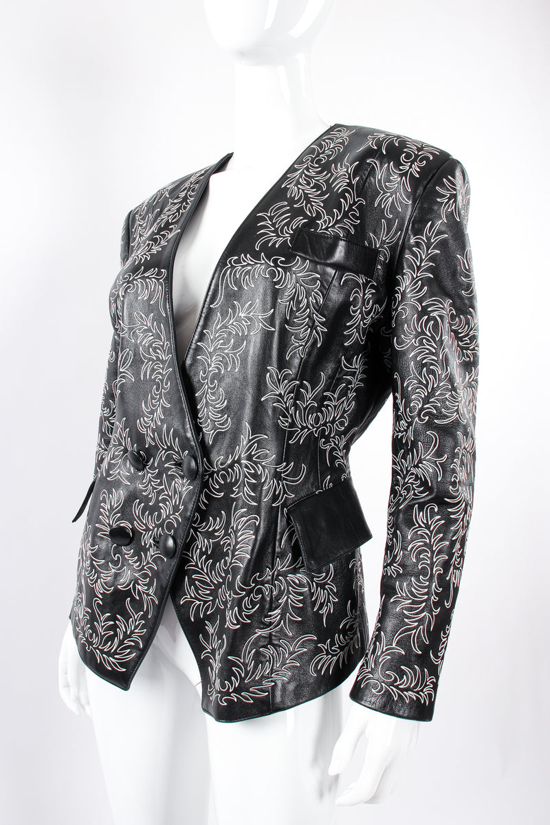 Vintage Jean Claude Jitrois Embroidered Collarless Leather Jacket on mannequin angle at Recess LA