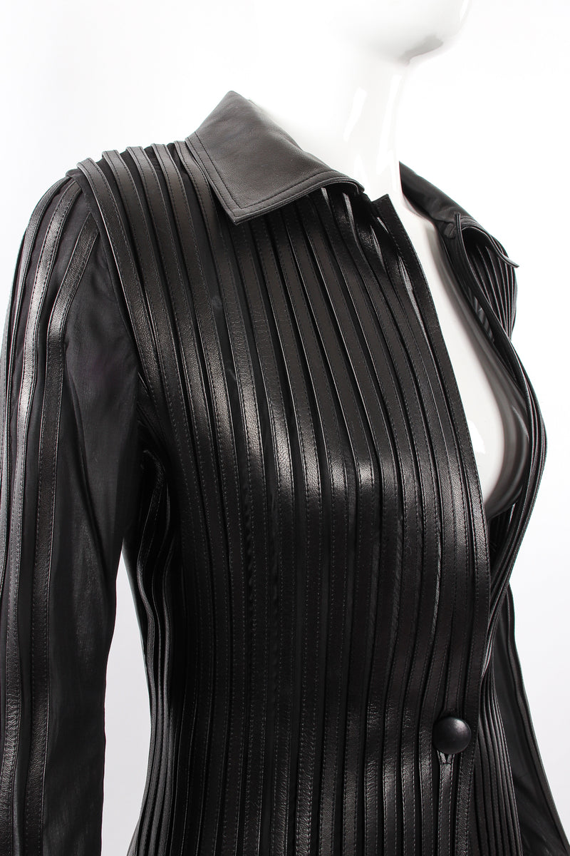 Vintage Jean Claude Jitrois Sheer Leather Striped Jacket & Skirt Set on Mannequin bust @ Recess LA