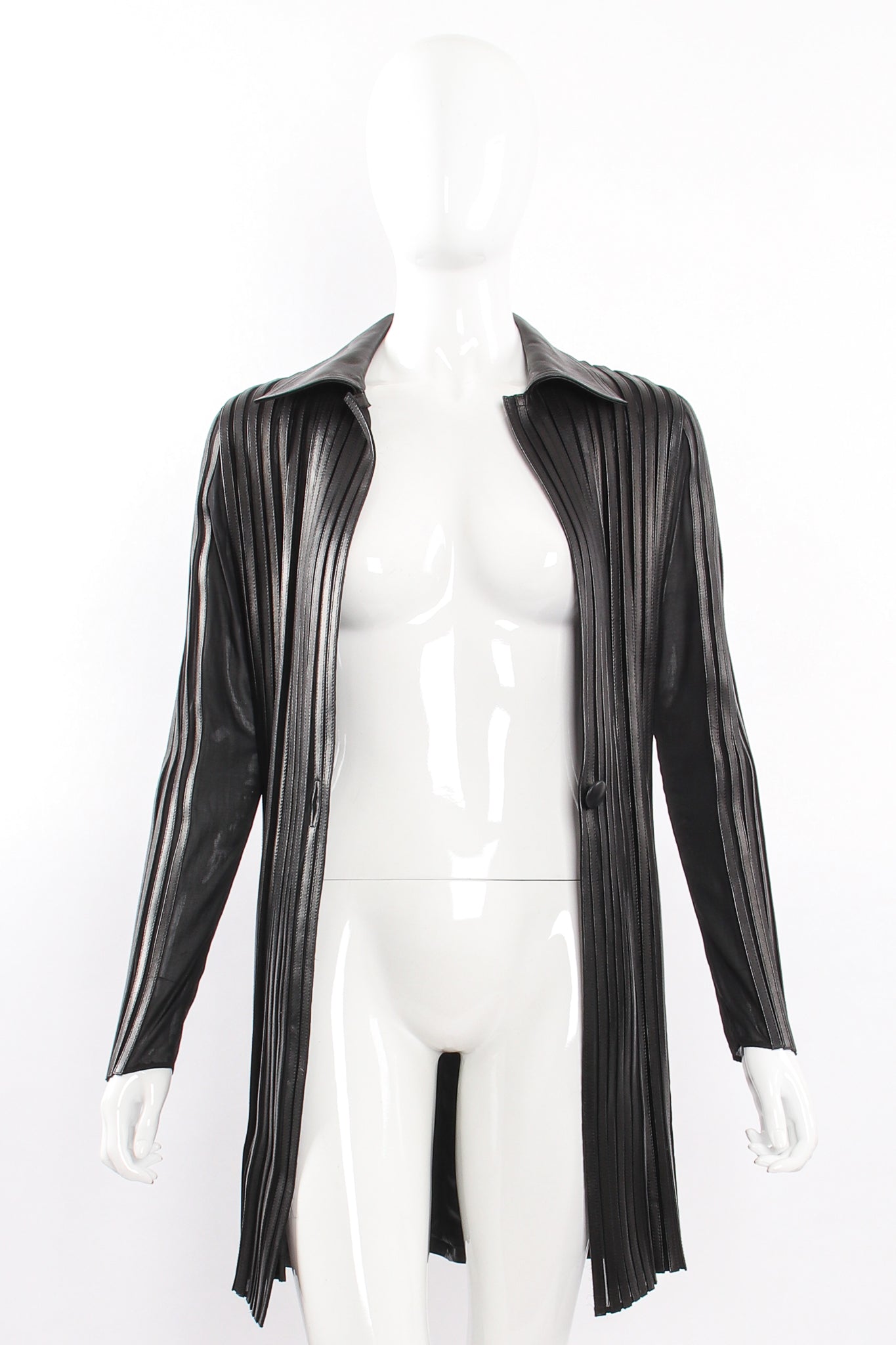 Vintage Jean Claude Jitrois Sheer Leather Striped Jacket Set on Mannequin jacket open @ Recess LA