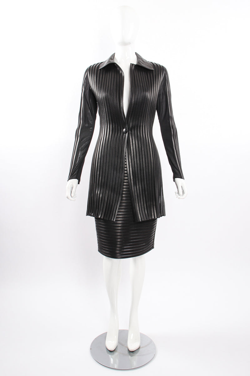 Vintage Jean Claude Jitrois Sheer Leather Striped Jacket & Skirt Set on Mannequin front @ Recess LA